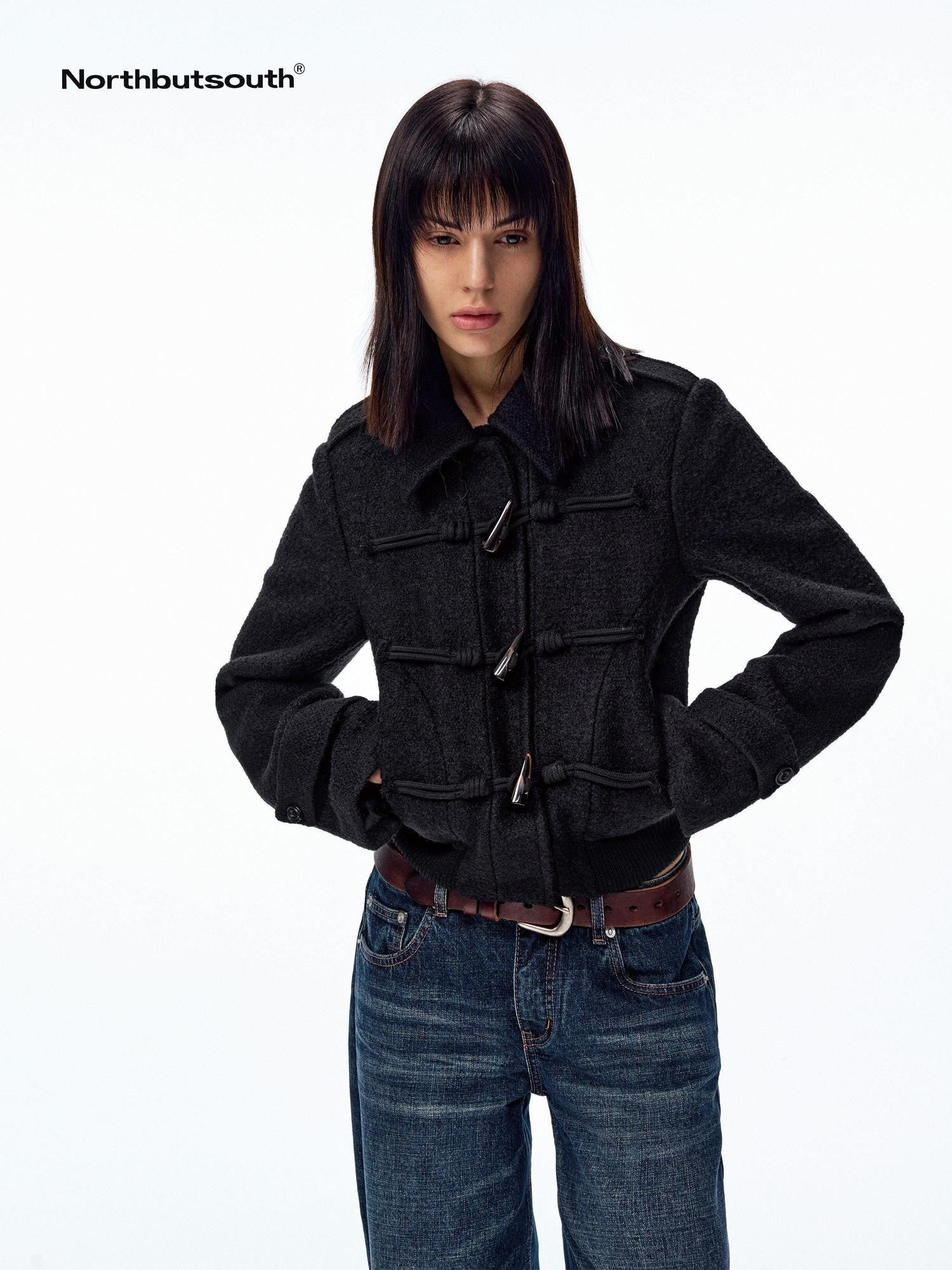 Northbutsouth Black Short Structured Horn Toggle Lapel Slim Women&