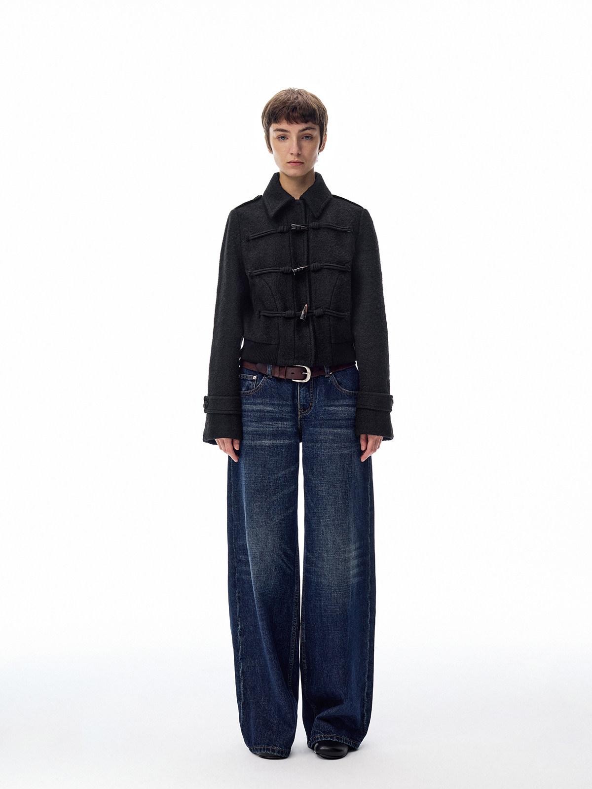 Northbutsouth Black Short Structured Horn Toggle Lapel Slim Women&