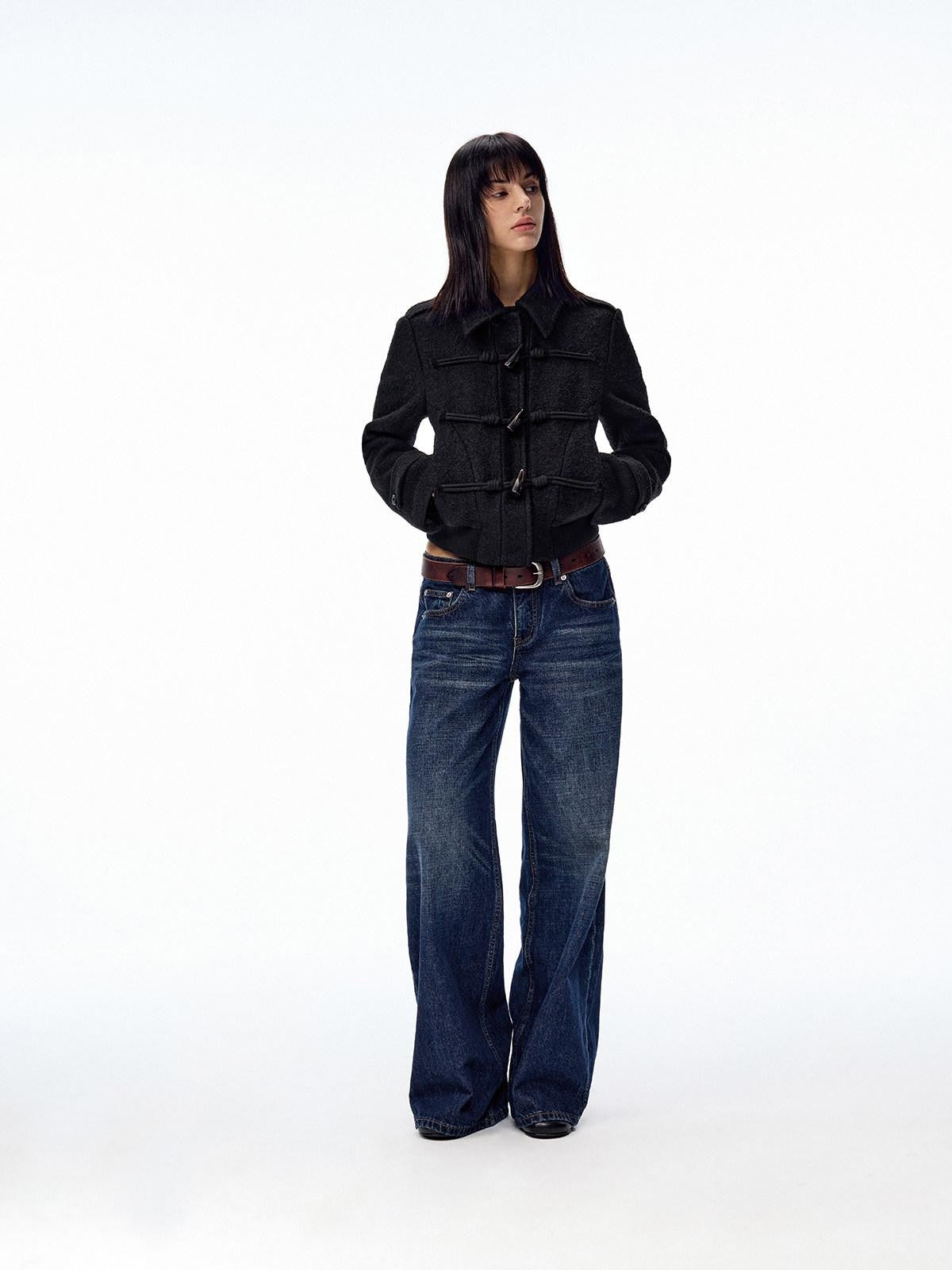 Northbutsouth Black Short Structured Horn Toggle Lapel Slim Women&