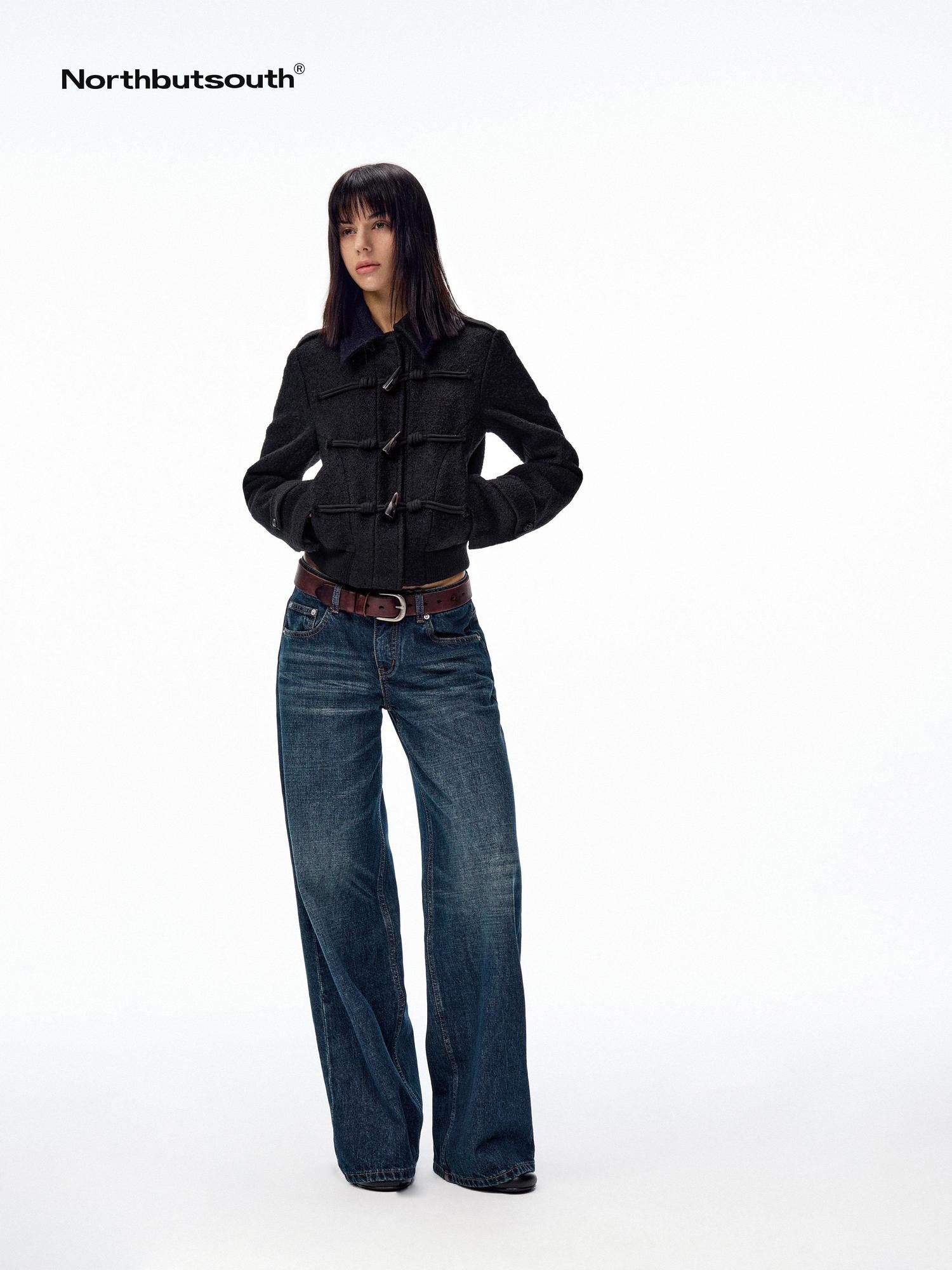 Northbutsouth Black Short Structured Horn Toggle Lapel Slim Women&