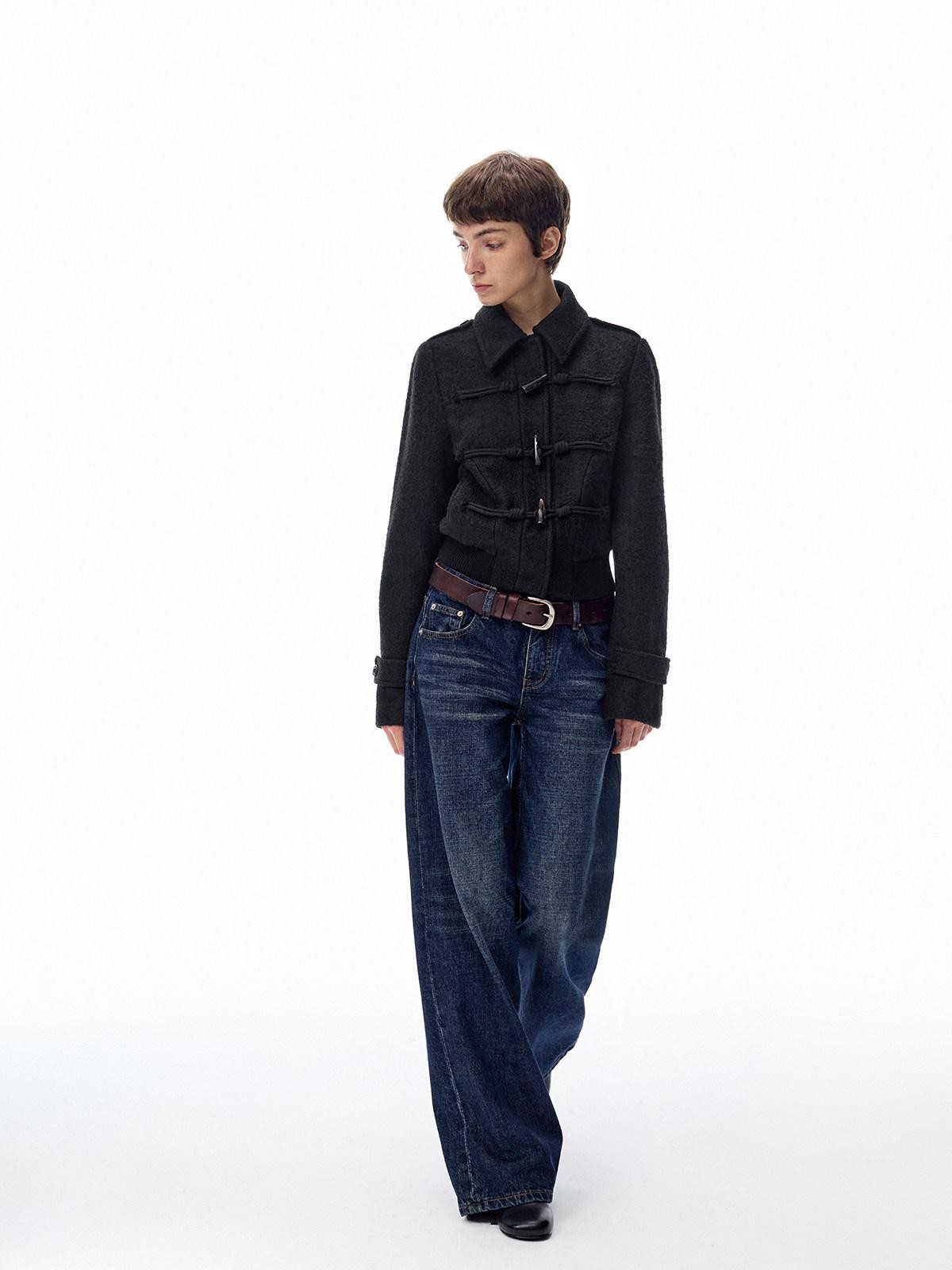 Northbutsouth Black Short Structured Horn Toggle Lapel Slim Women&