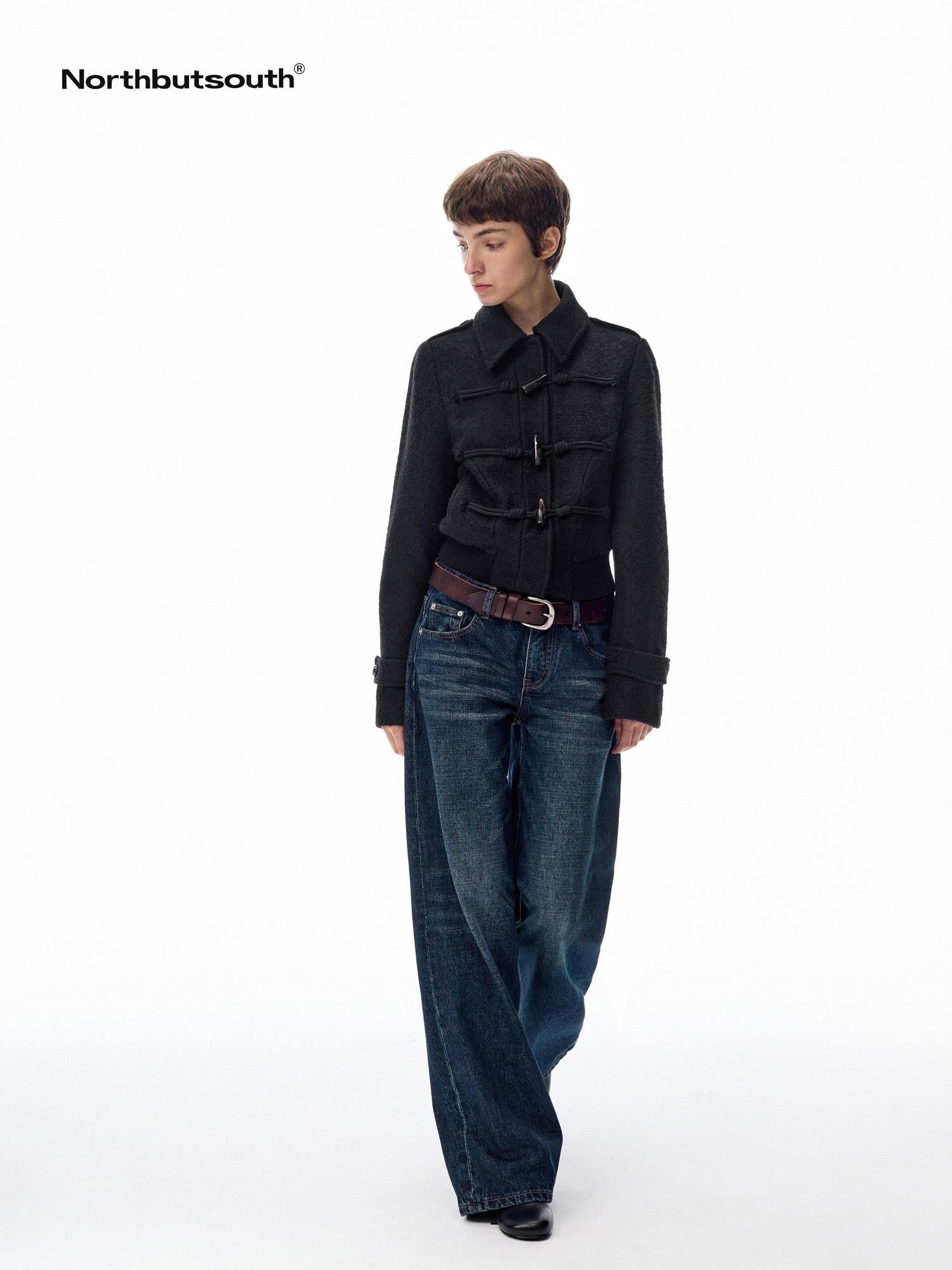 Northbutsouth Black Short Structured Horn Toggle Lapel Slim Women&
