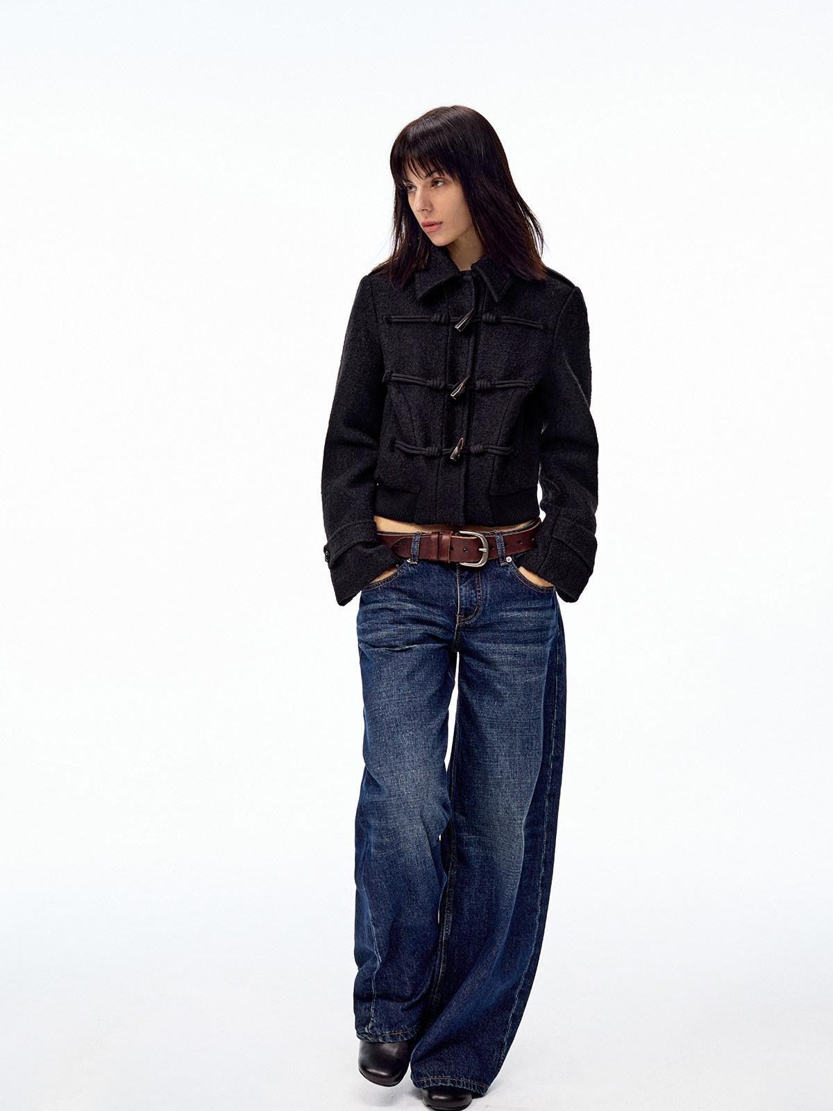 Northbutsouth Black Short Structured Horn Toggle Lapel Slim Women&