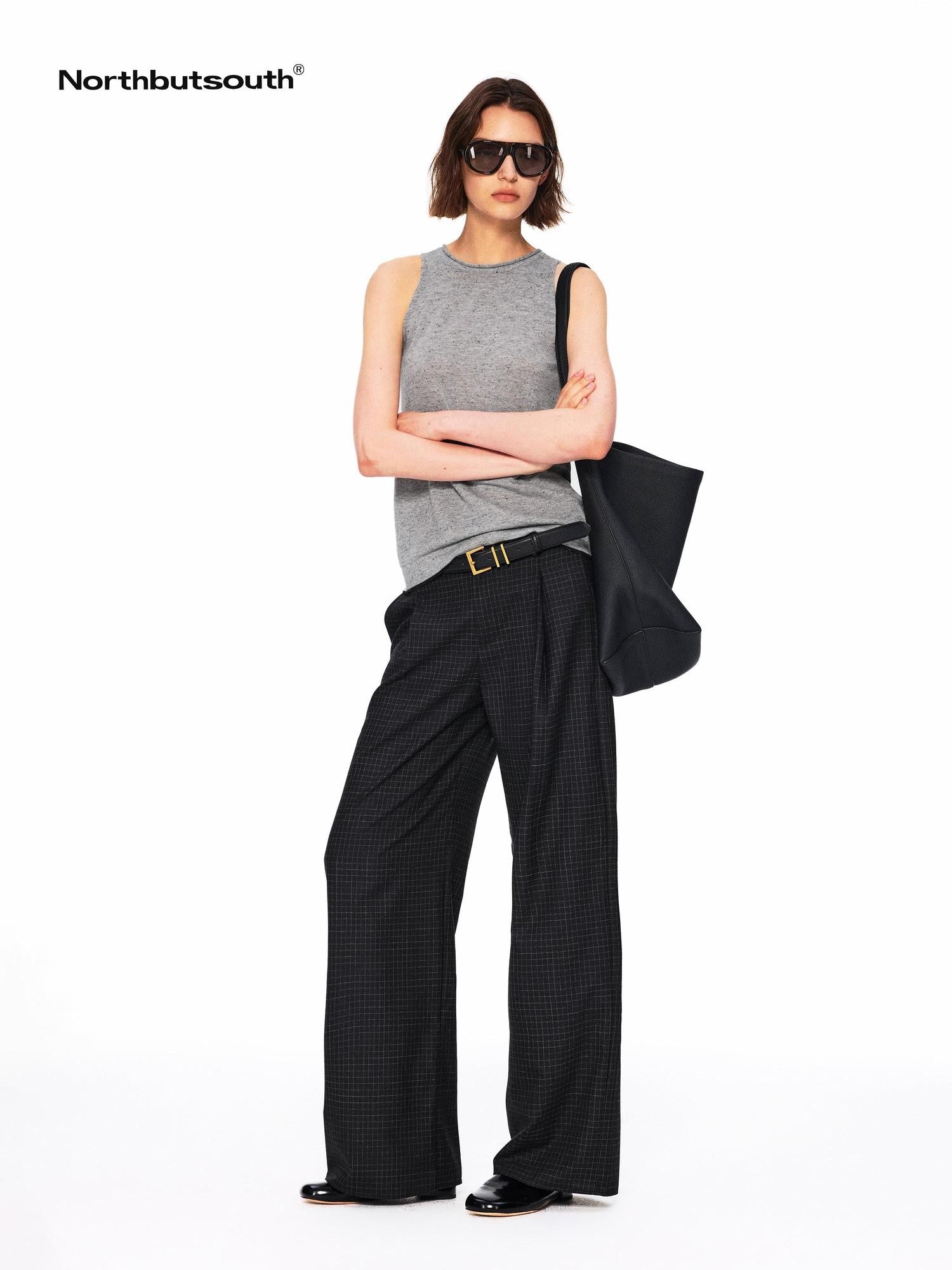 Northbutsouth Black White Micro Check Single Pleat Women&