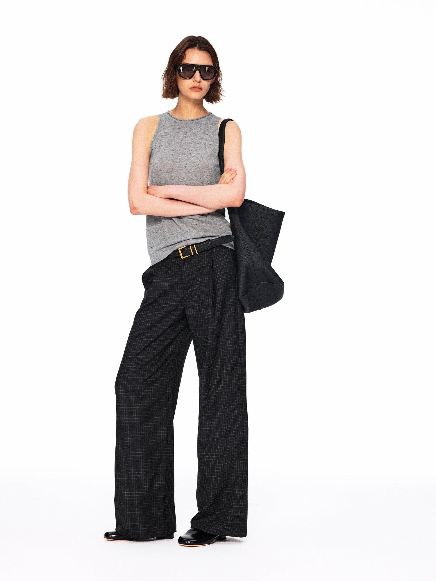 Northbutsouth Black White Micro Check Single Pleat Women&