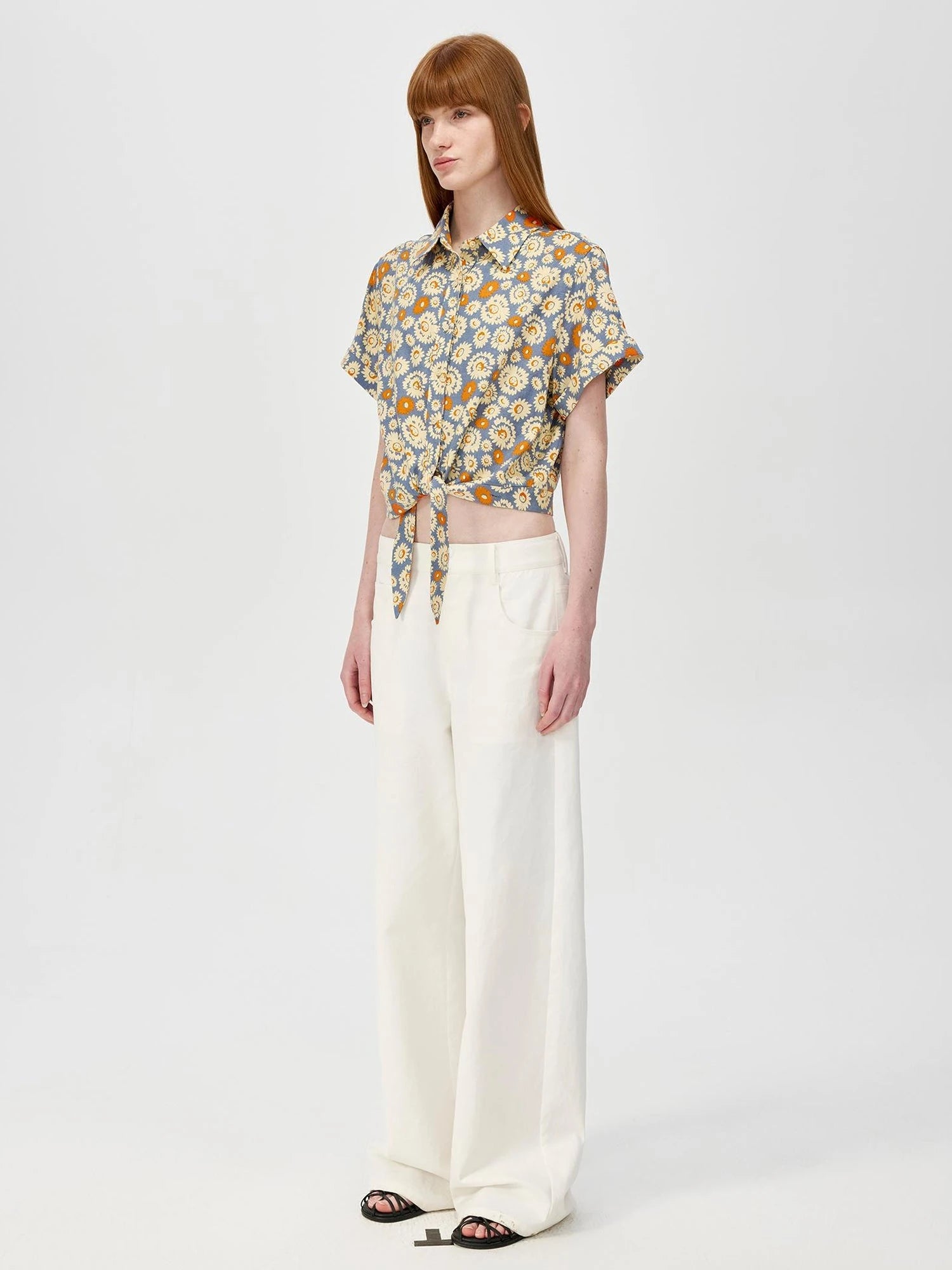 Blue Floral Print Vintage Two Way Tie Front Vacation Shirt