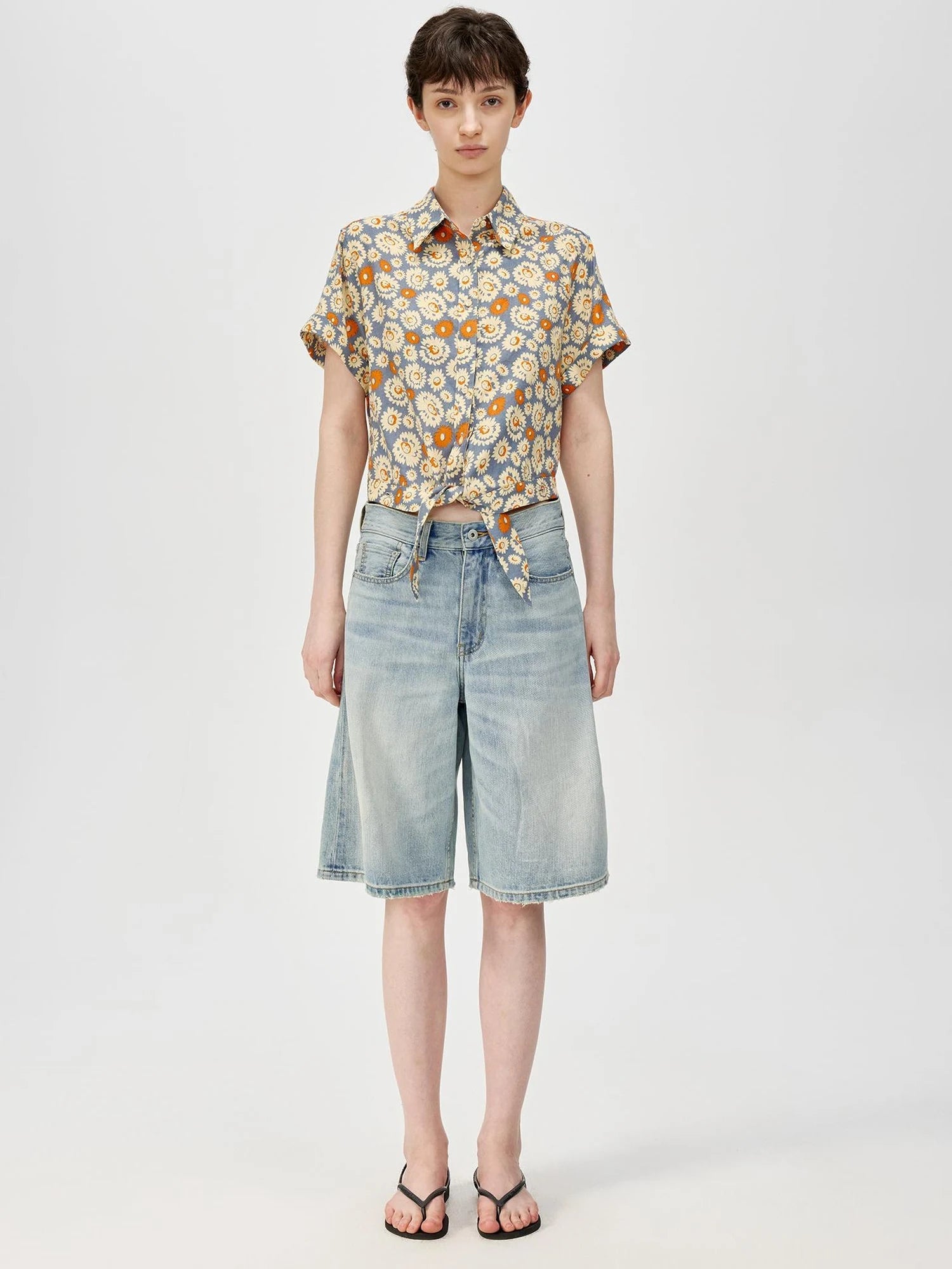 Blue Floral Print Vintage Two Way Tie Front Vacation Shirt