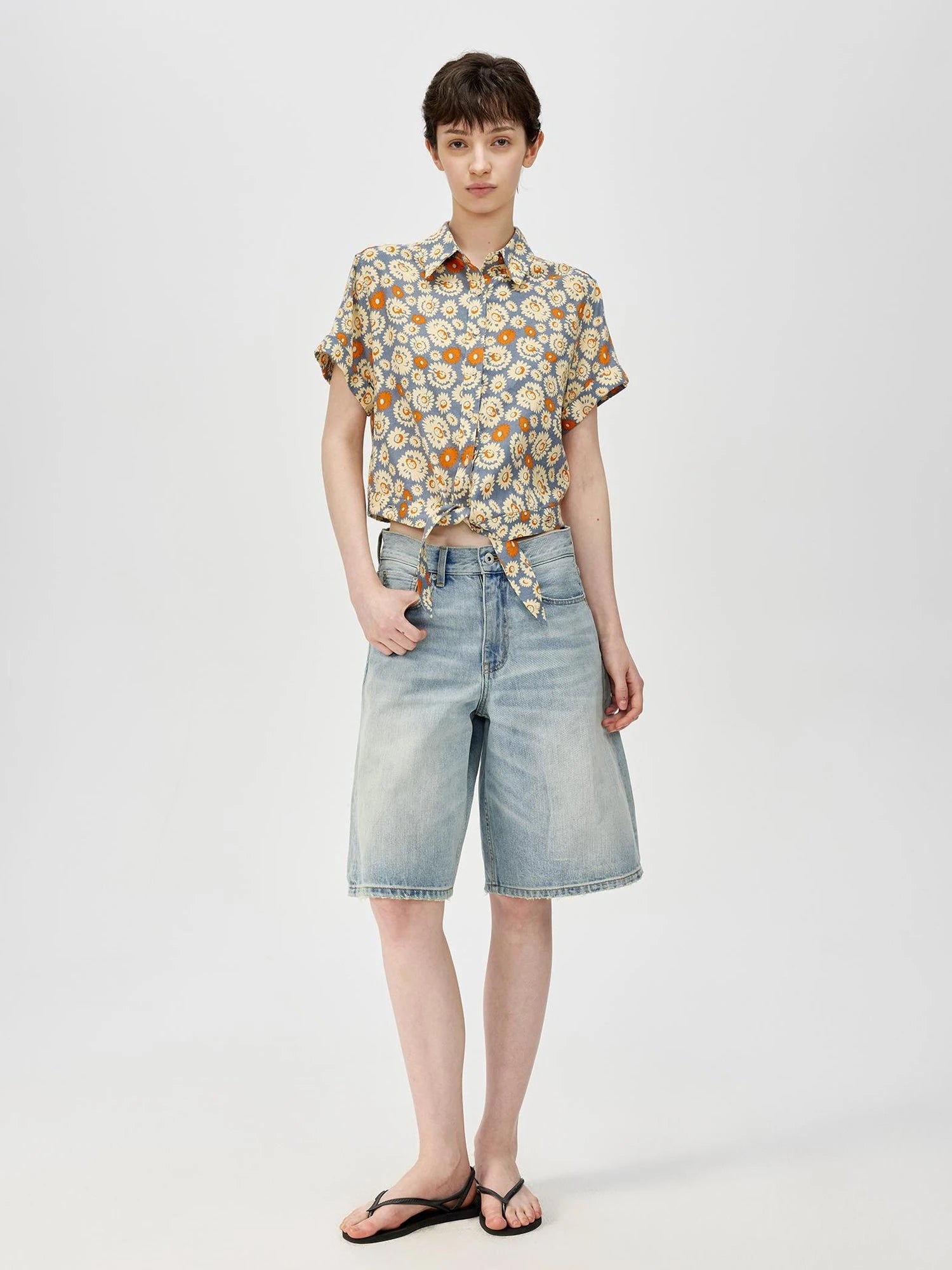 Blue Floral Print Vintage Two Way Tie Front Vacation Shirt