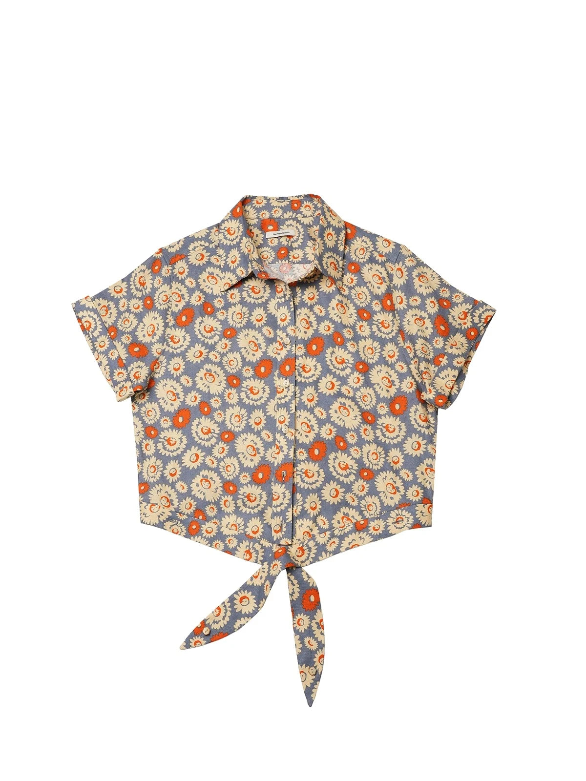 Blue Floral Print Vintage Two Way Tie Front Vacation Shirt