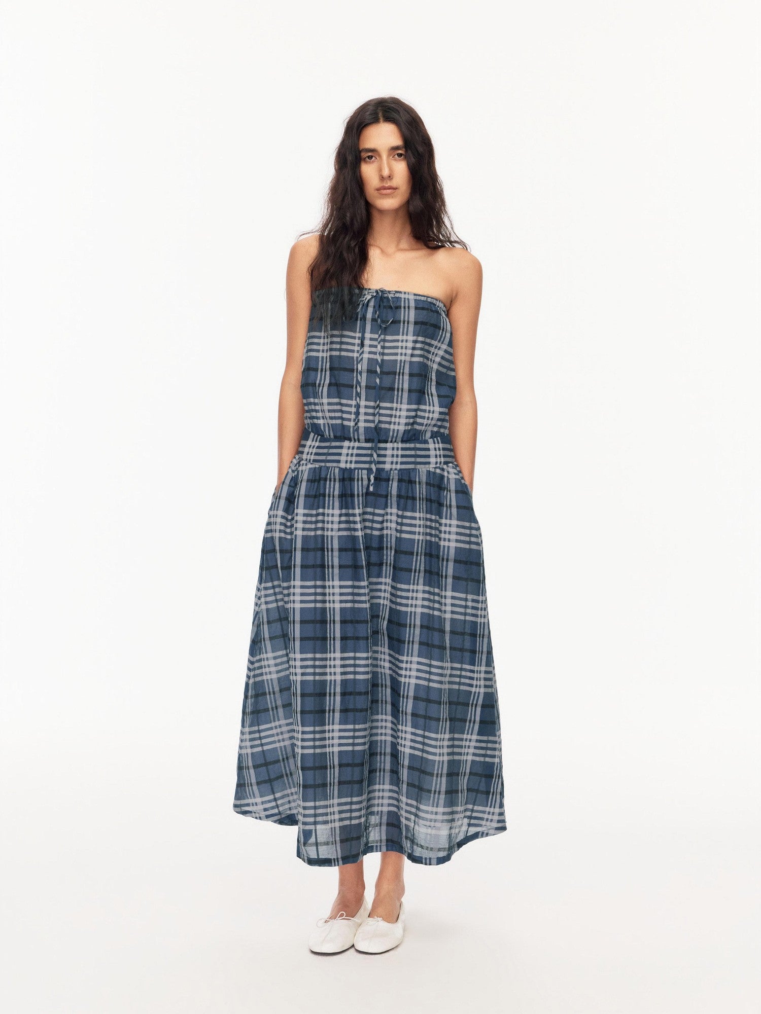 Northbutsouth Blue Shirred Tie Vintage Plaid Women&
