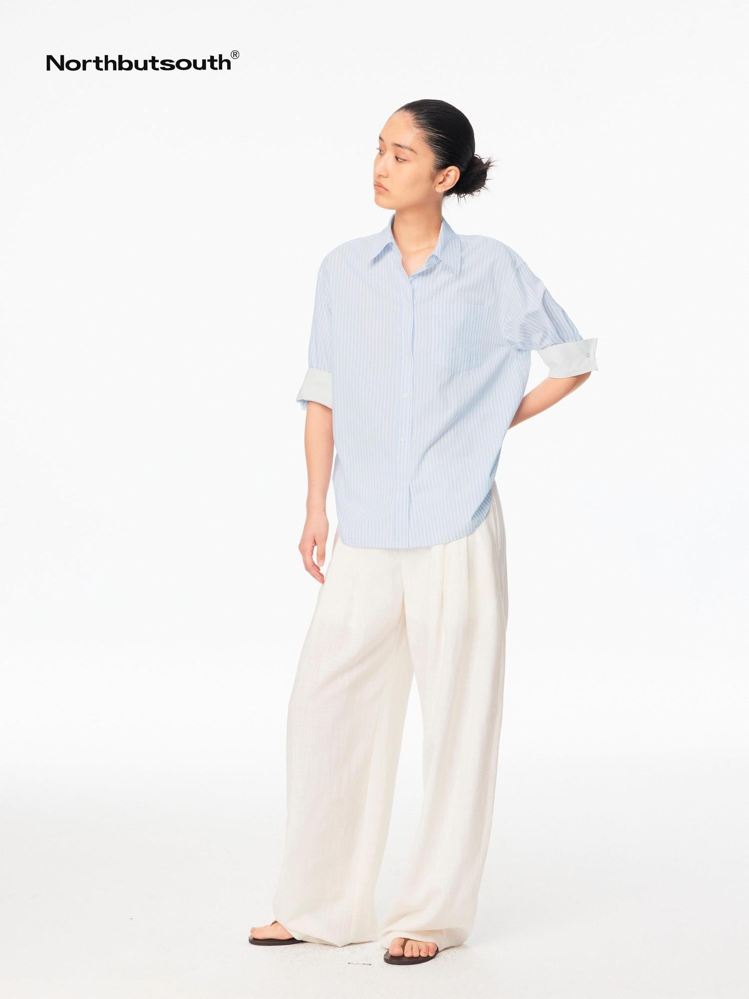 Northbutsouth Blue White Contrast Collar Fine Stripe Mid Sleeve Loose Women&