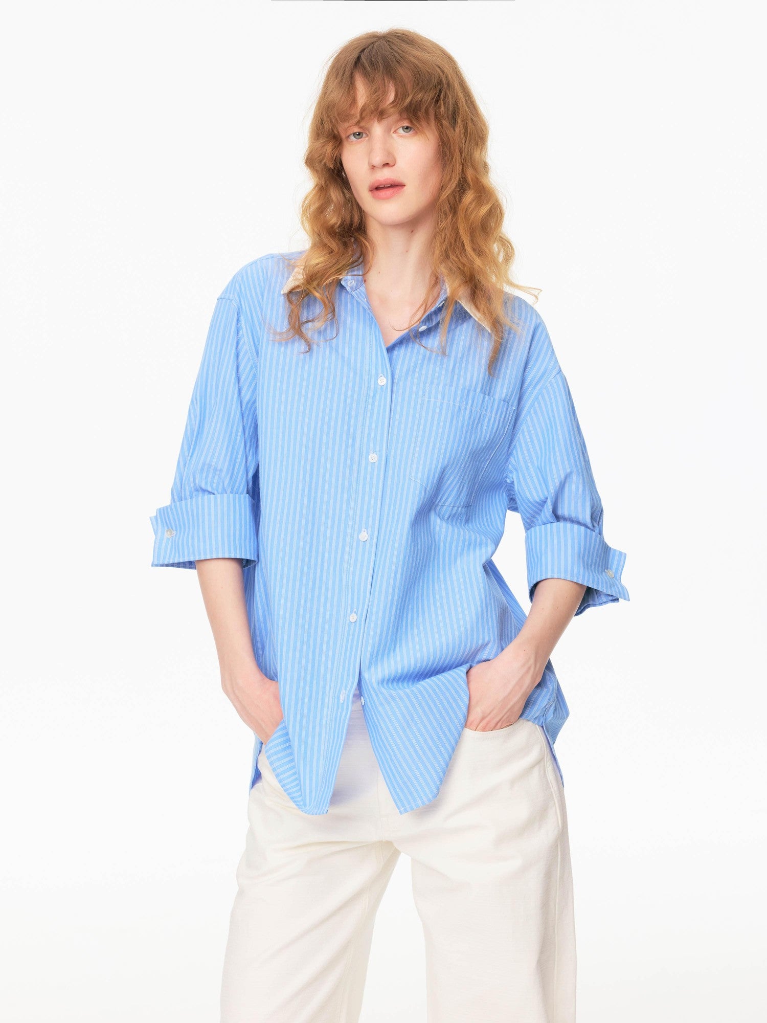 Northbutsouth Blue White Contrast Collar Fine Stripe Mid Sleeve Loose Women&