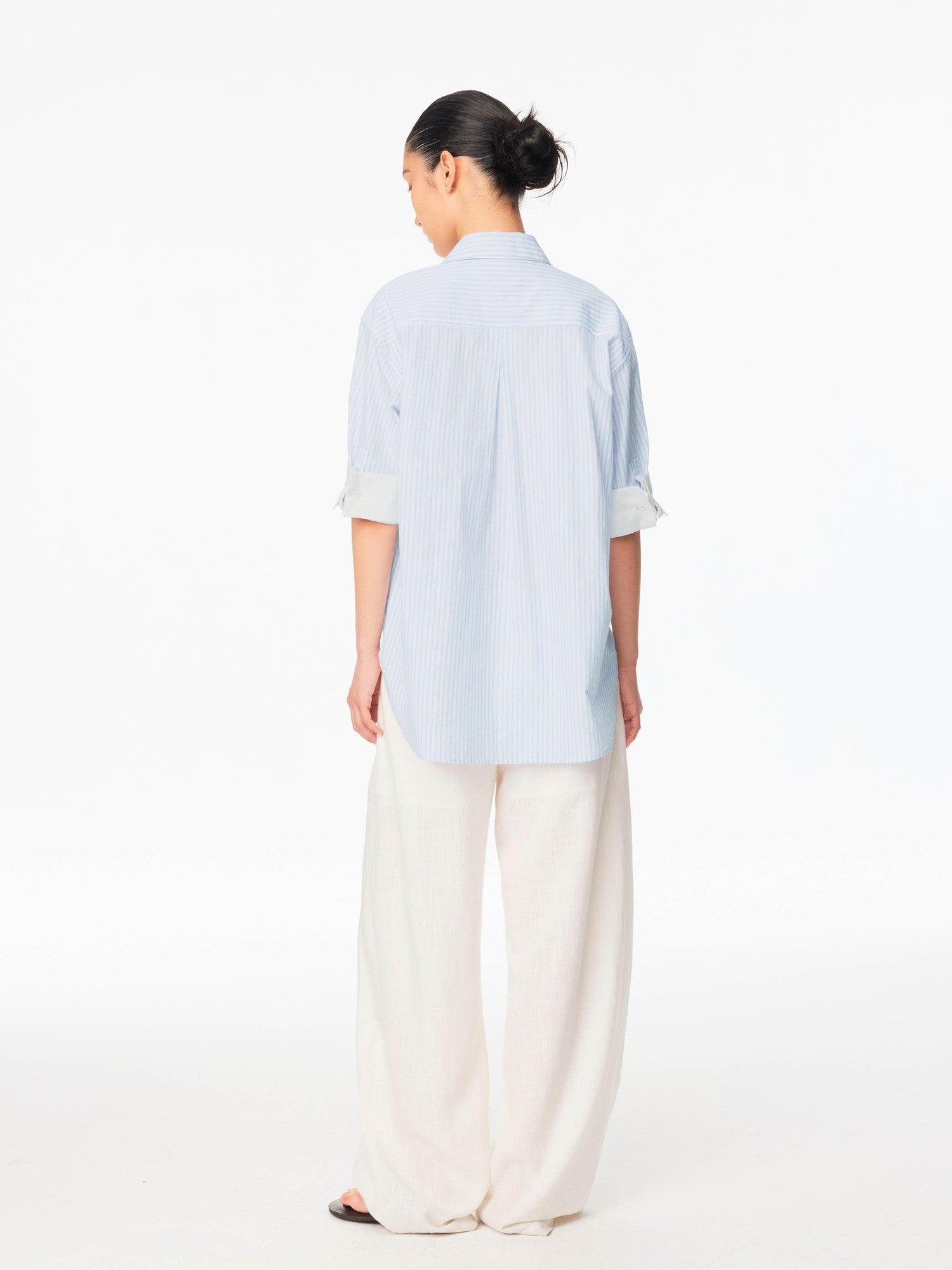 Northbutsouth Blue White Contrast Collar Fine Stripe Mid Sleeve Loose Women&