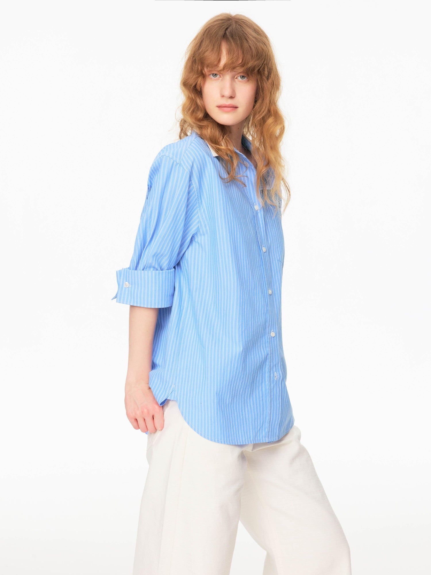 Northbutsouth Blue White Contrast Collar Fine Stripe Mid Sleeve Loose Women&