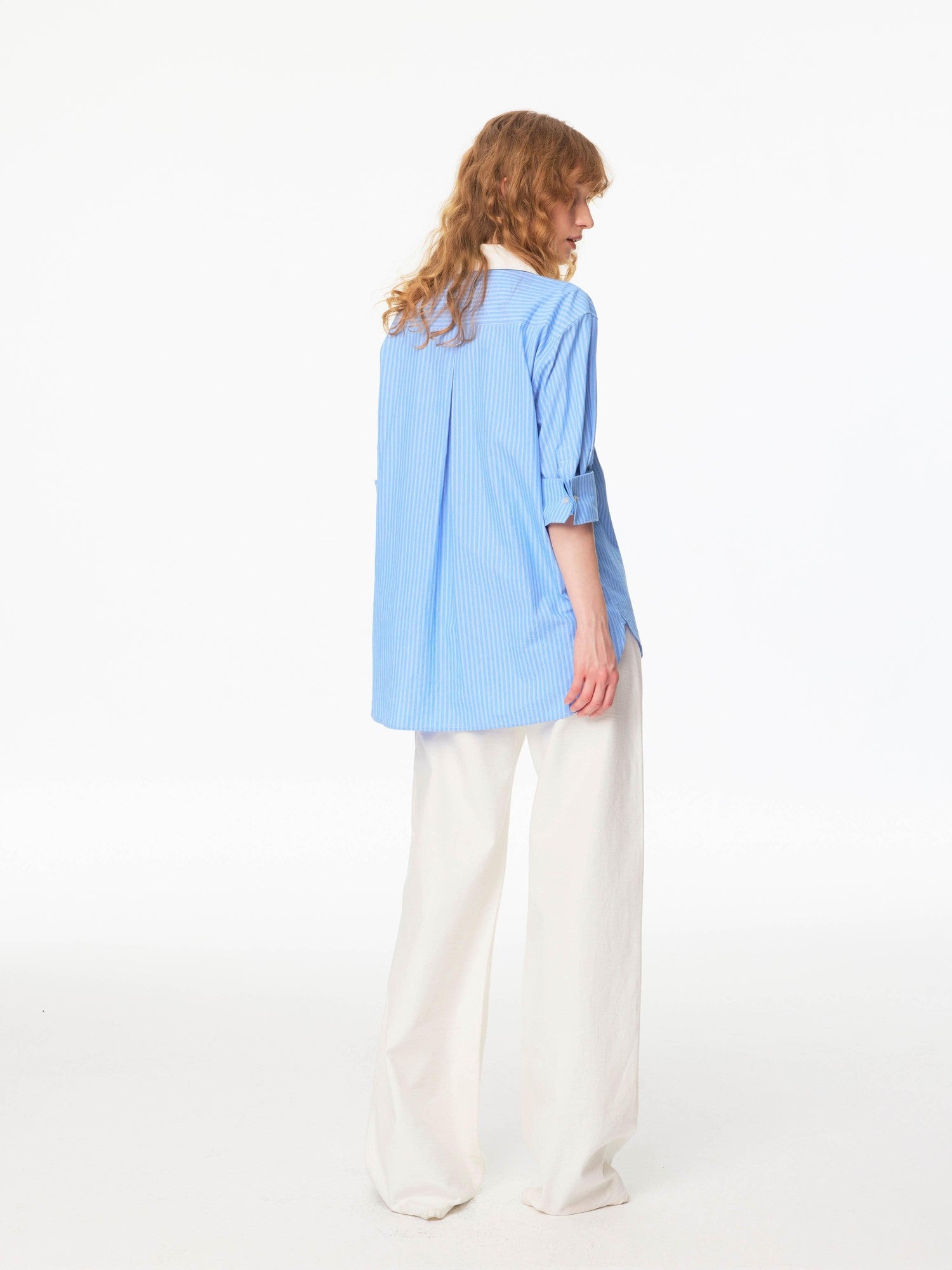 Northbutsouth Blue White Contrast Collar Fine Stripe Mid Sleeve Loose Women&