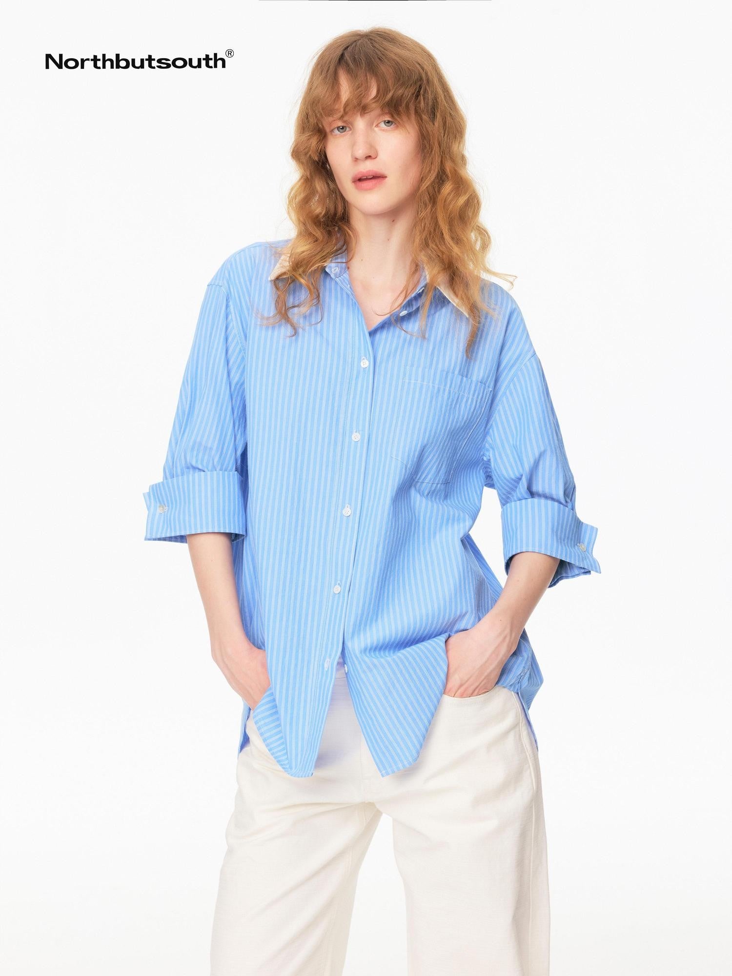 Northbutsouth Blue White Contrast Collar Fine Stripe Mid Sleeve Loose Women&