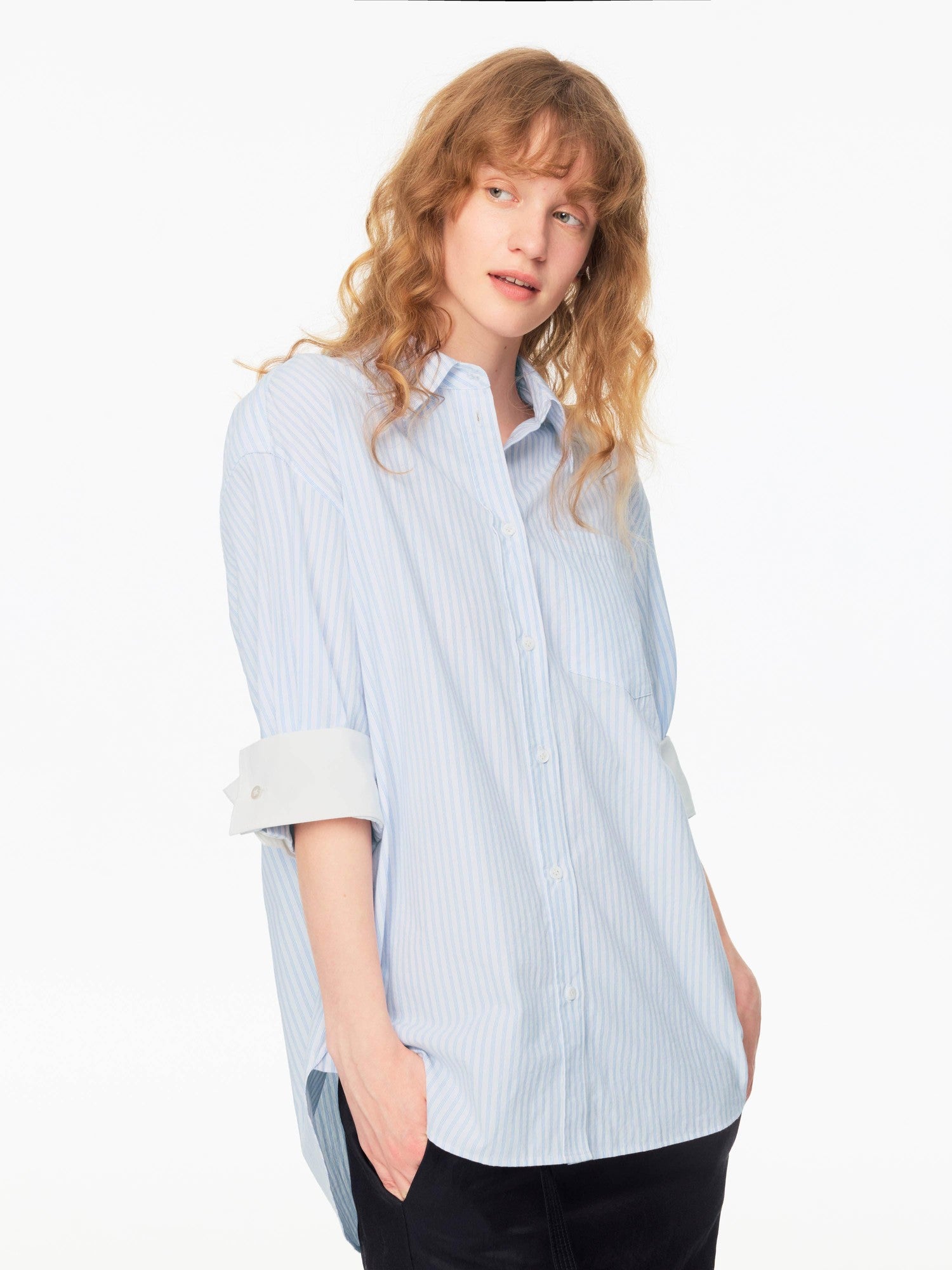 Northbutsouth Blue White Contrast Collar Fine Stripe Mid Sleeve Loose Women&