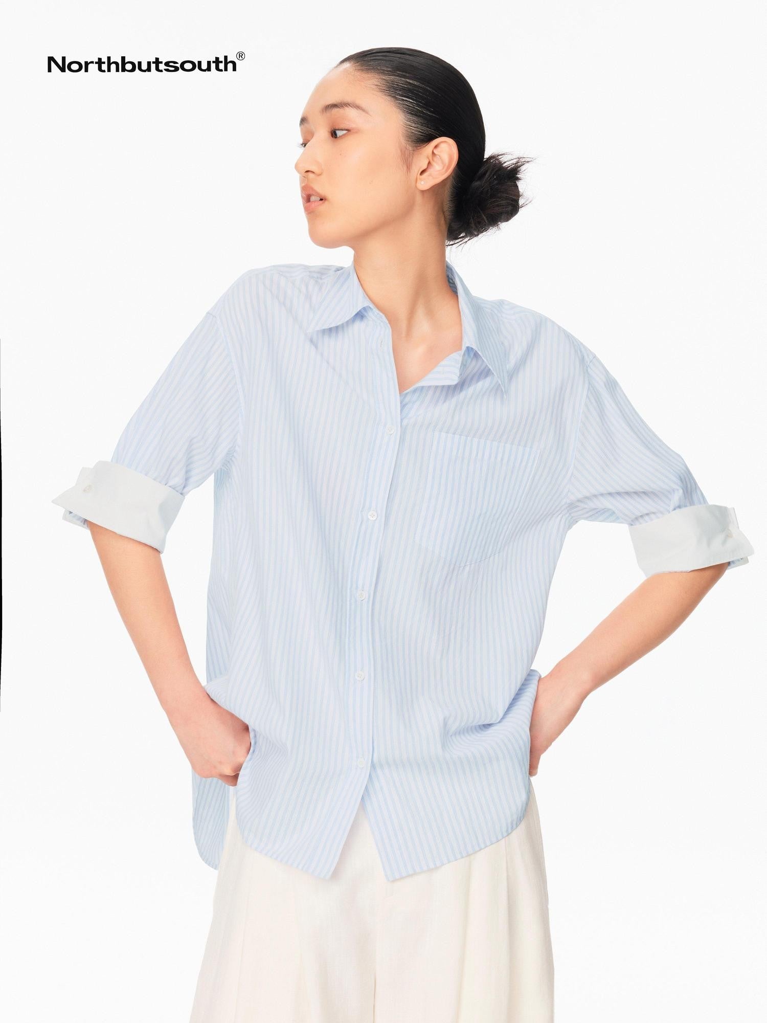 Northbutsouth Blue White Contrast Collar Fine Stripe Mid Sleeve Loose Women&