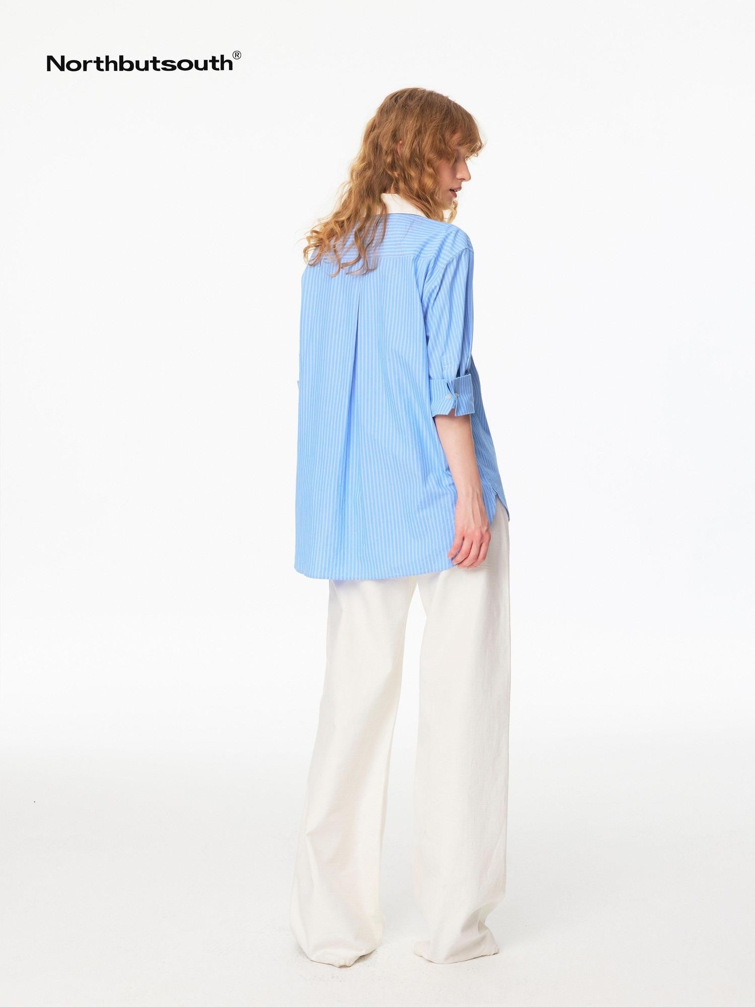 Northbutsouth Blue White Contrast Collar Fine Stripe Mid Sleeve Loose Women&