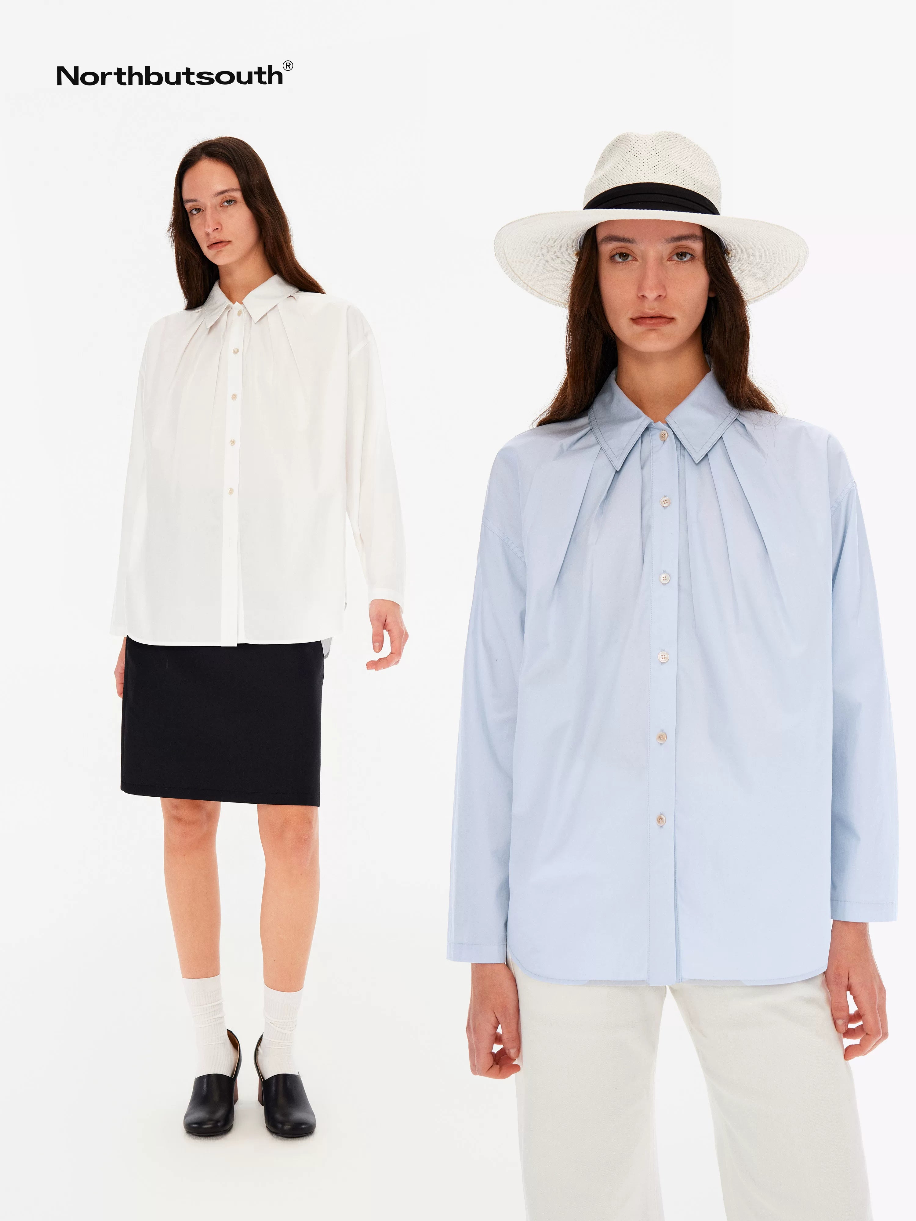 Northbutsouth Blue White Pleated Casual Loose Relaxed Fit Women&