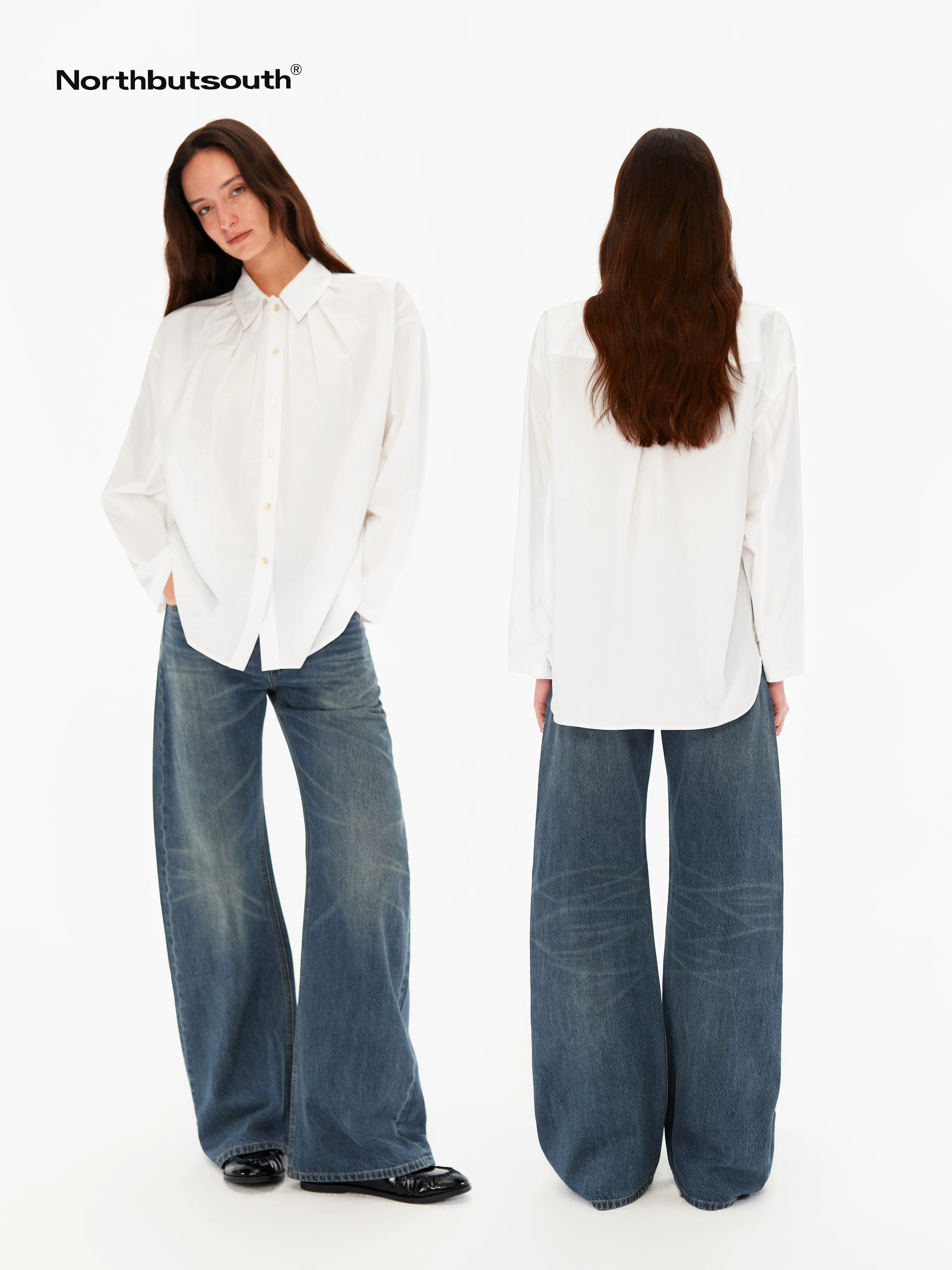 Northbutsouth Blue White Pleated Casual Loose Relaxed Fit Women&