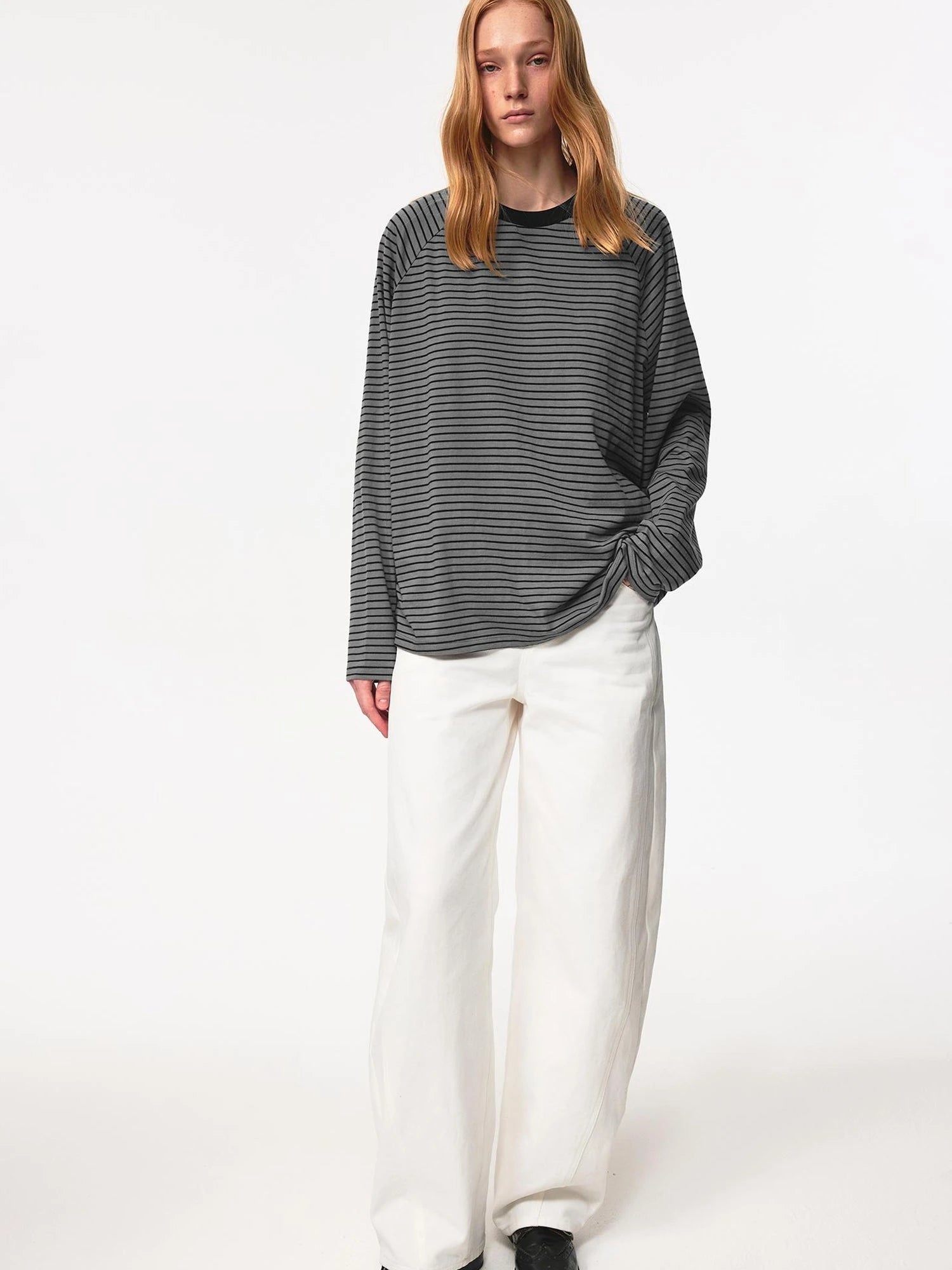 Classic Crew Neck Raglan Sleeve Striped Relaxed Fit T Shirt