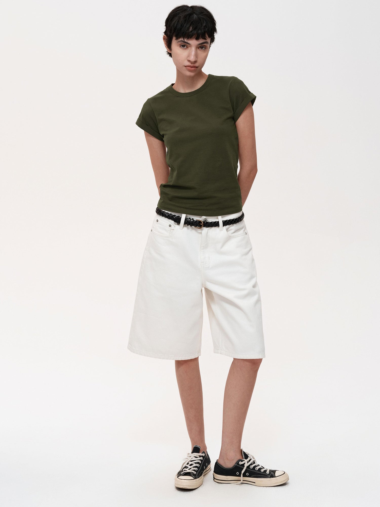 Northbutsouth Classic Crew Neck Turn Up Sleeve Fitted T-shirt Multiple Colors