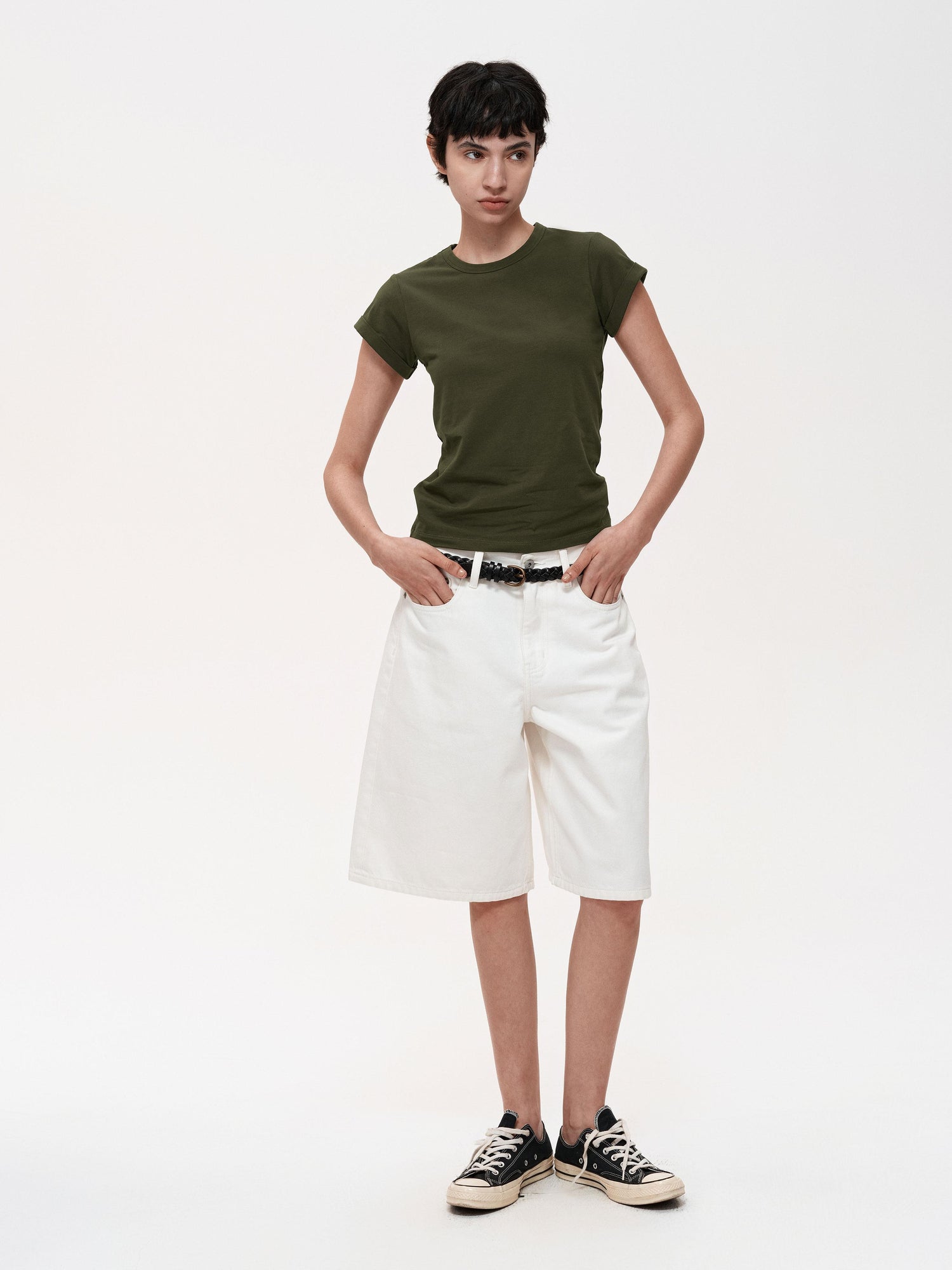 Northbutsouth Classic Crew Neck Turn Up Sleeve Fitted T-shirt Multiple Colors