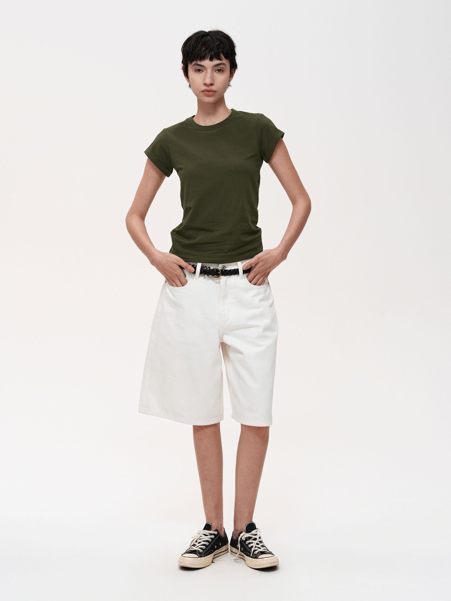 Northbutsouth Classic Crew Neck Turn Up Sleeve Fitted T-shirt Multiple Colors