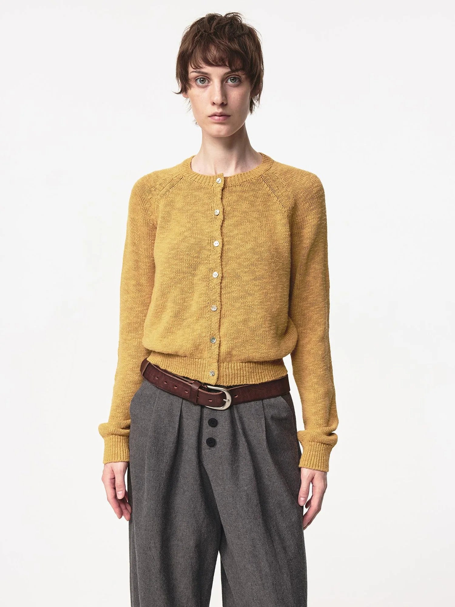 Classic Crewneck Textured Raglan Sweater Cardigan