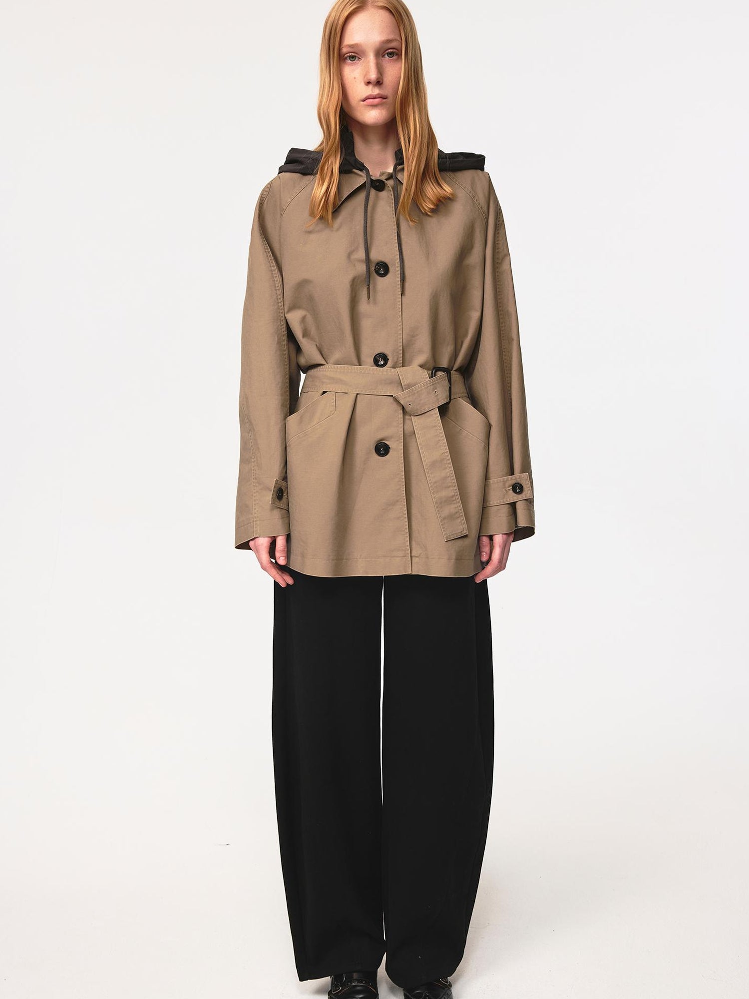 Northbutsouth Classic Khaki Belted Drawstring Detachable Hood Windbreaker