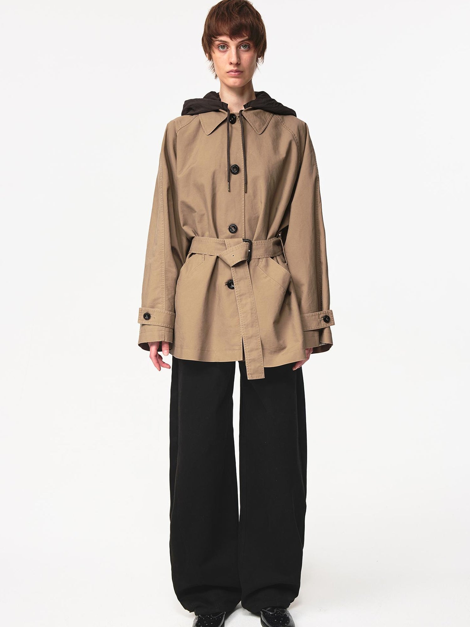 Northbutsouth Classic Khaki Belted Drawstring Detachable Hood Windbreaker