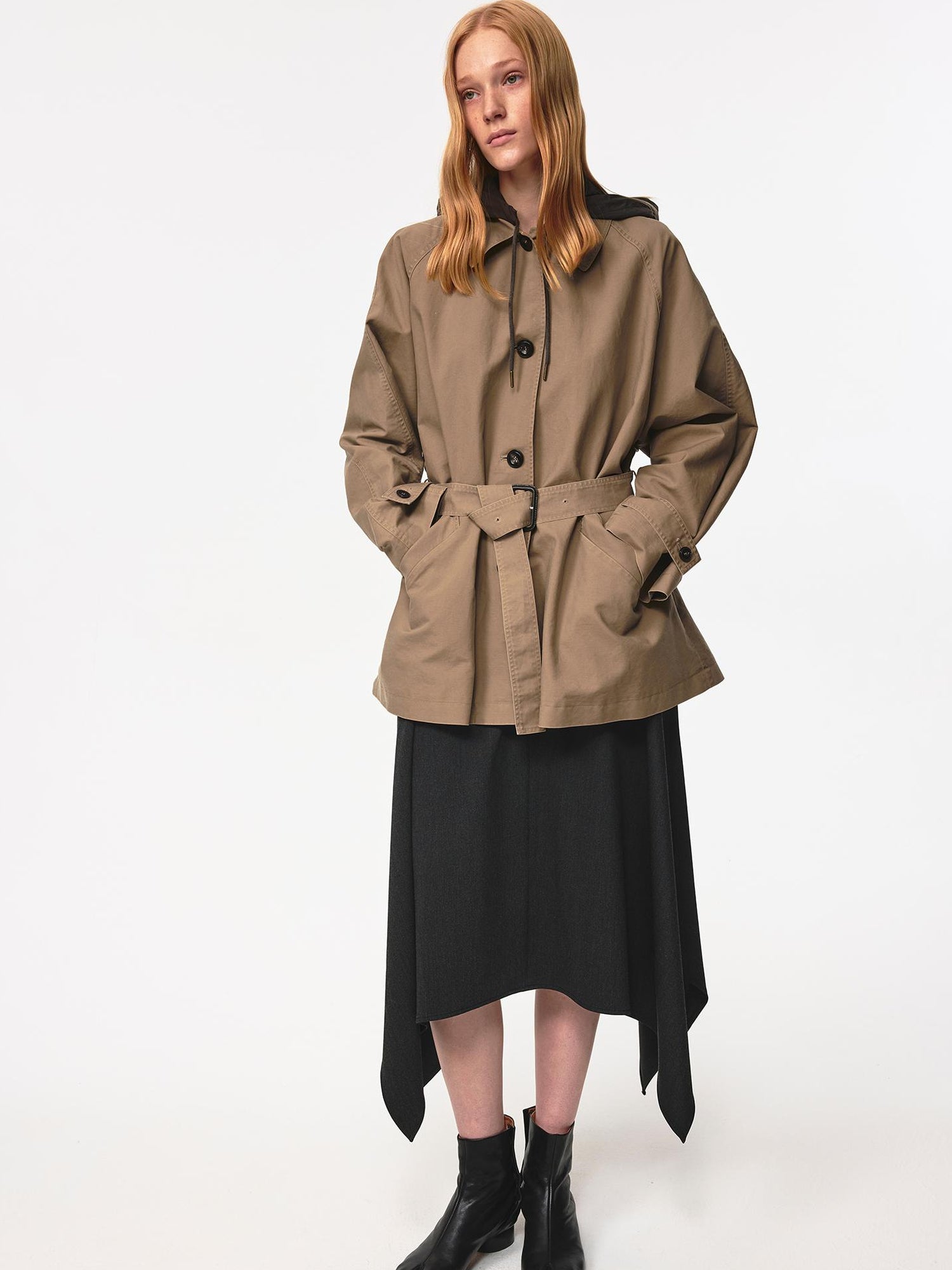 Northbutsouth Classic Khaki Belted Drawstring Detachable Hood Windbreaker