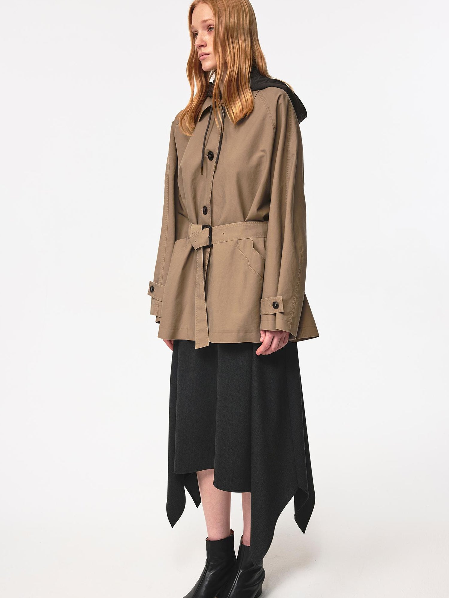 Northbutsouth Classic Khaki Belted Drawstring Detachable Hood Windbreaker