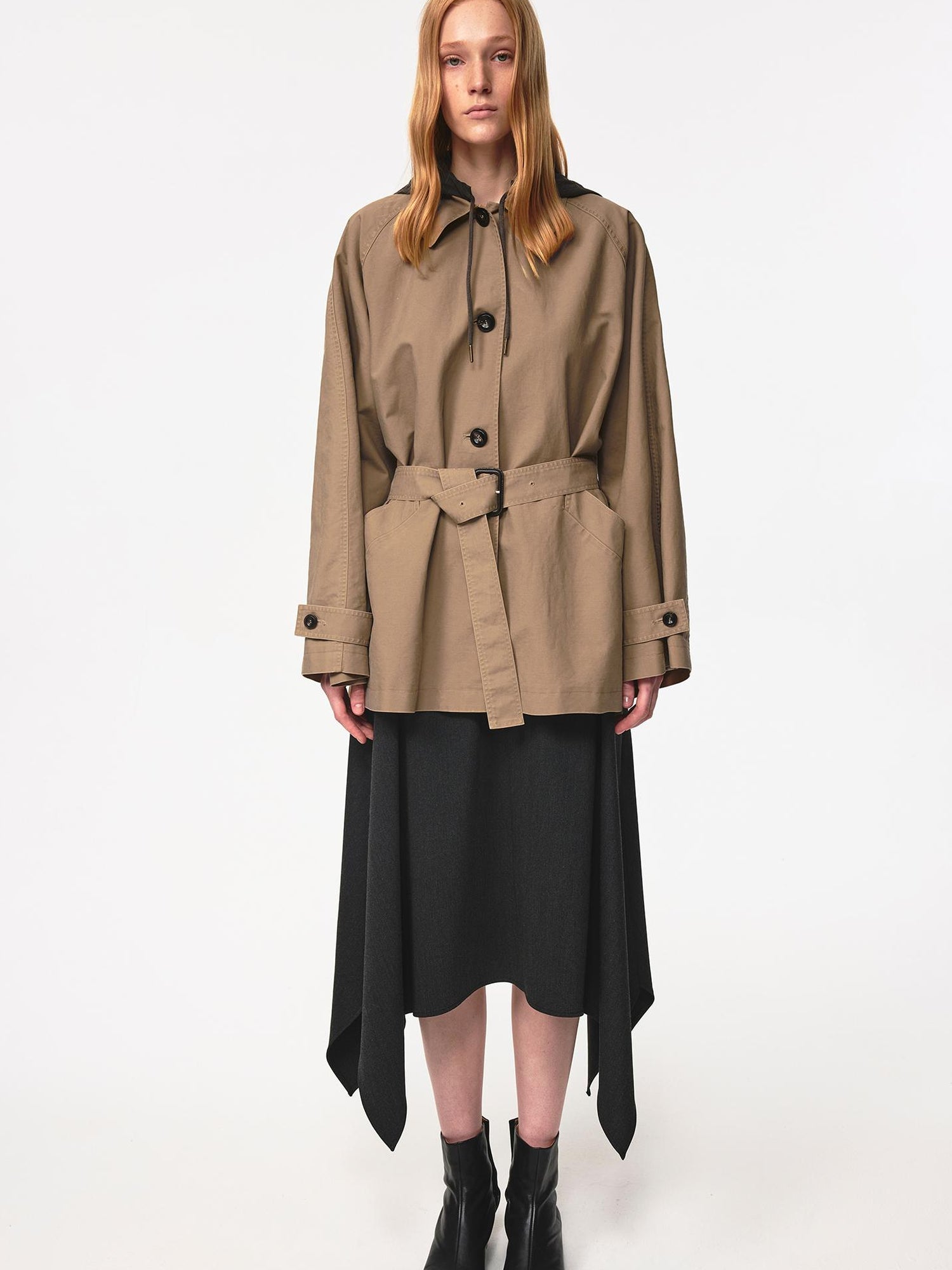 Northbutsouth Classic Khaki Belted Drawstring Detachable Hood Windbreaker