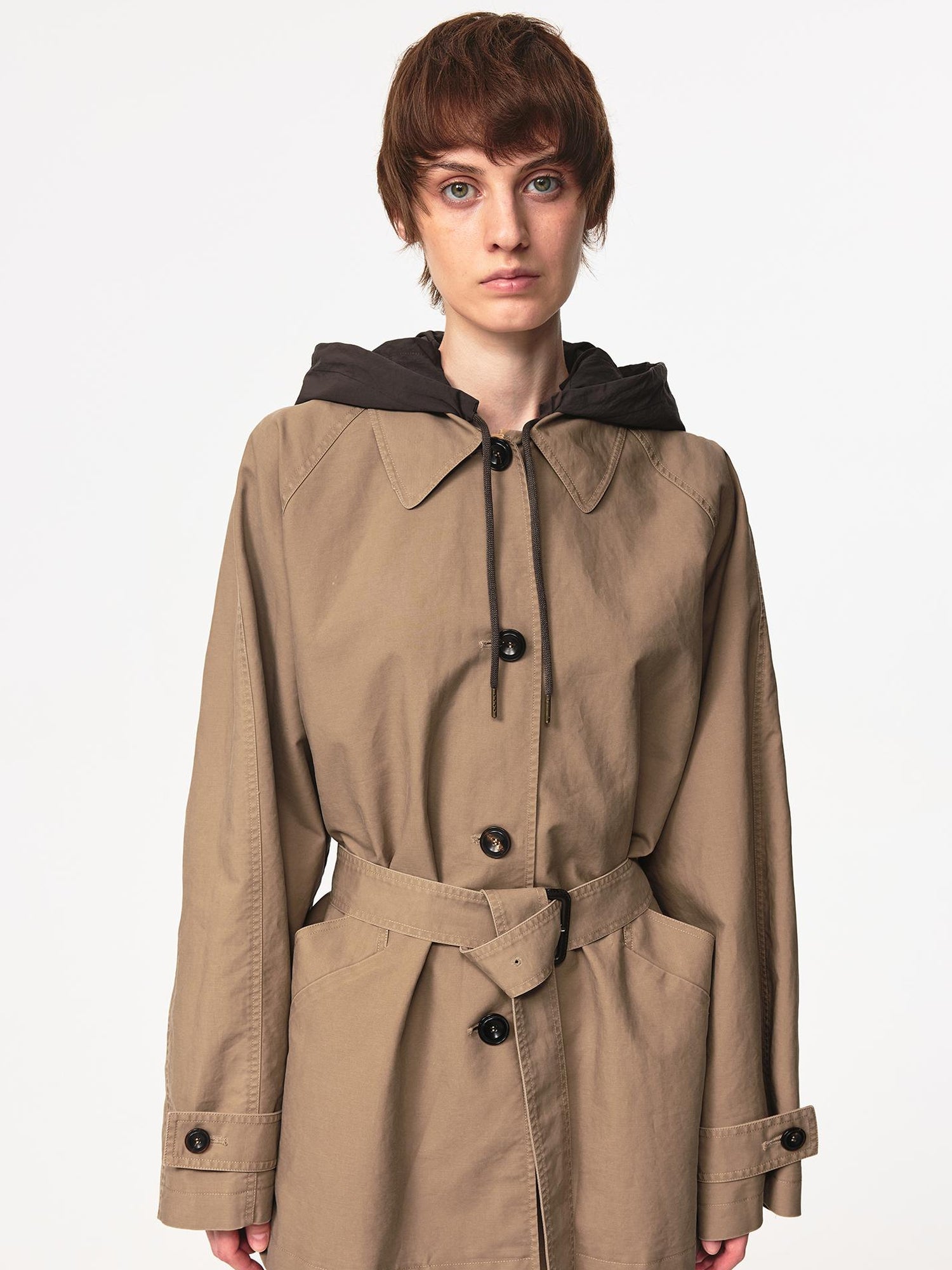 Northbutsouth Classic Khaki Belted Drawstring Detachable Hood Windbreaker