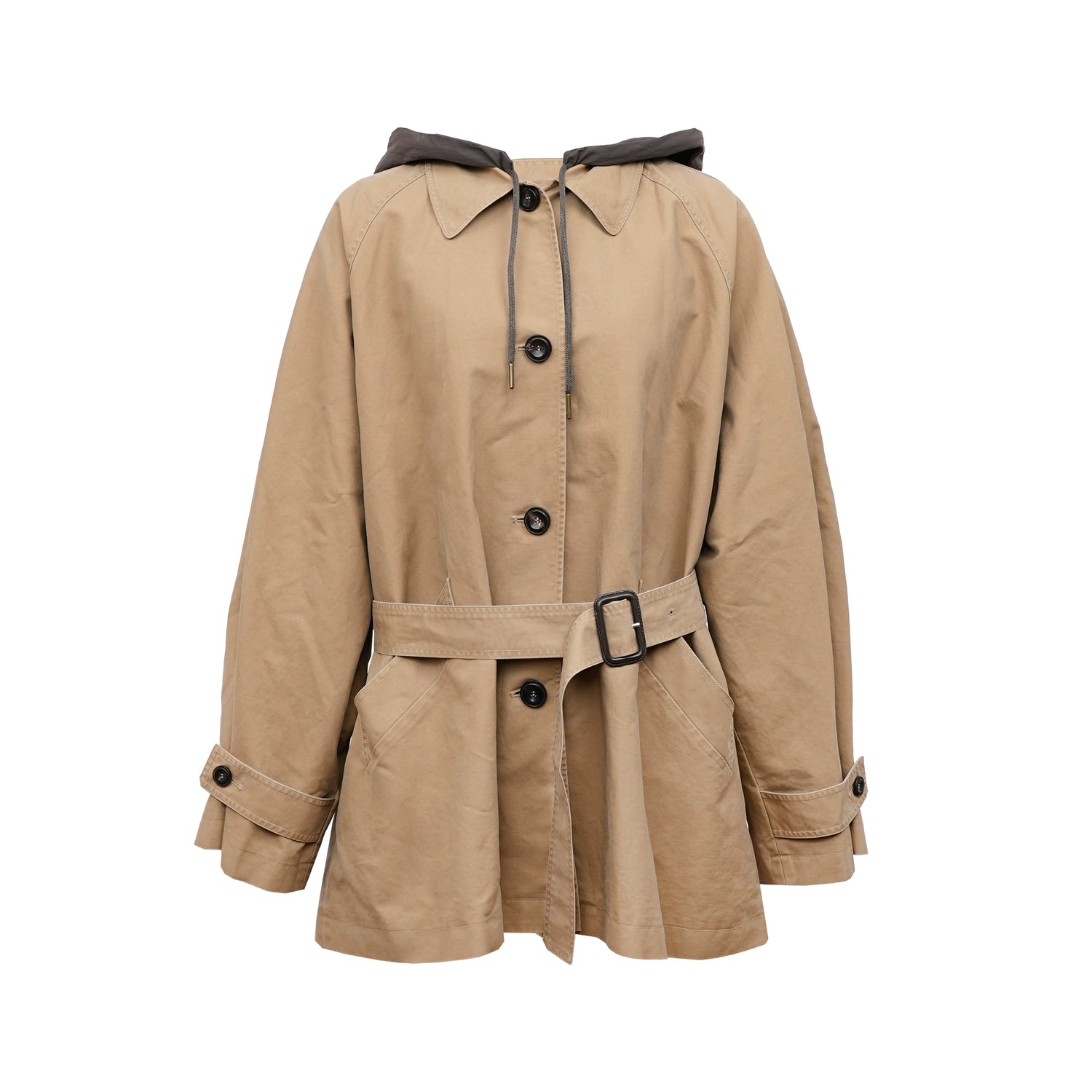 Northbutsouth Classic Khaki Belted Drawstring Detachable Hood Windbreaker MISSTT