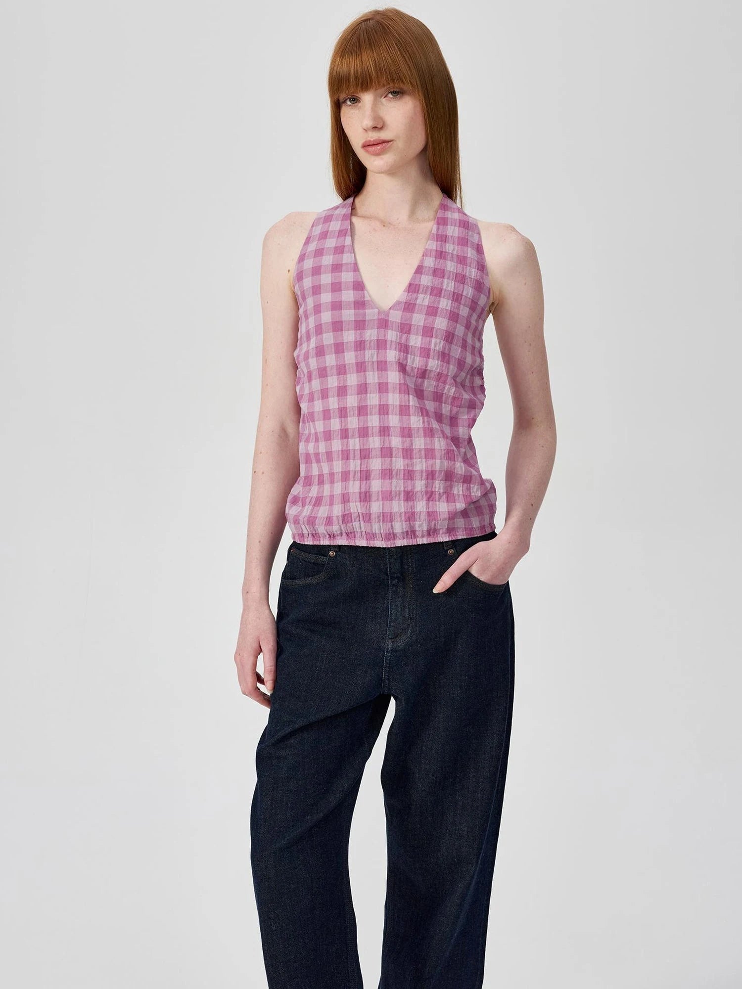 Classic Plaid Deep V Back Tie Halter Top