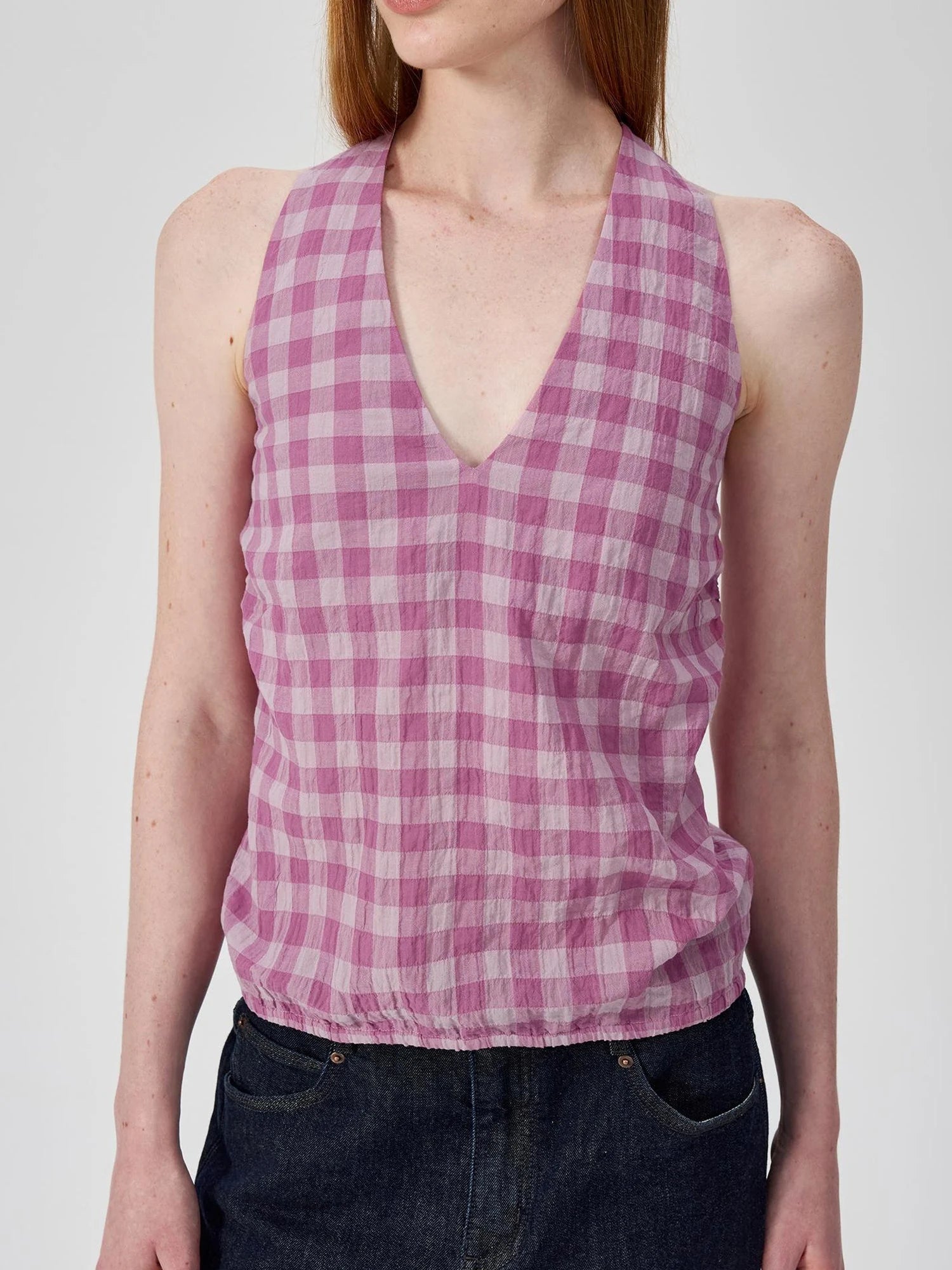 Classic Plaid Halter Tie Back Deep V Backless Top