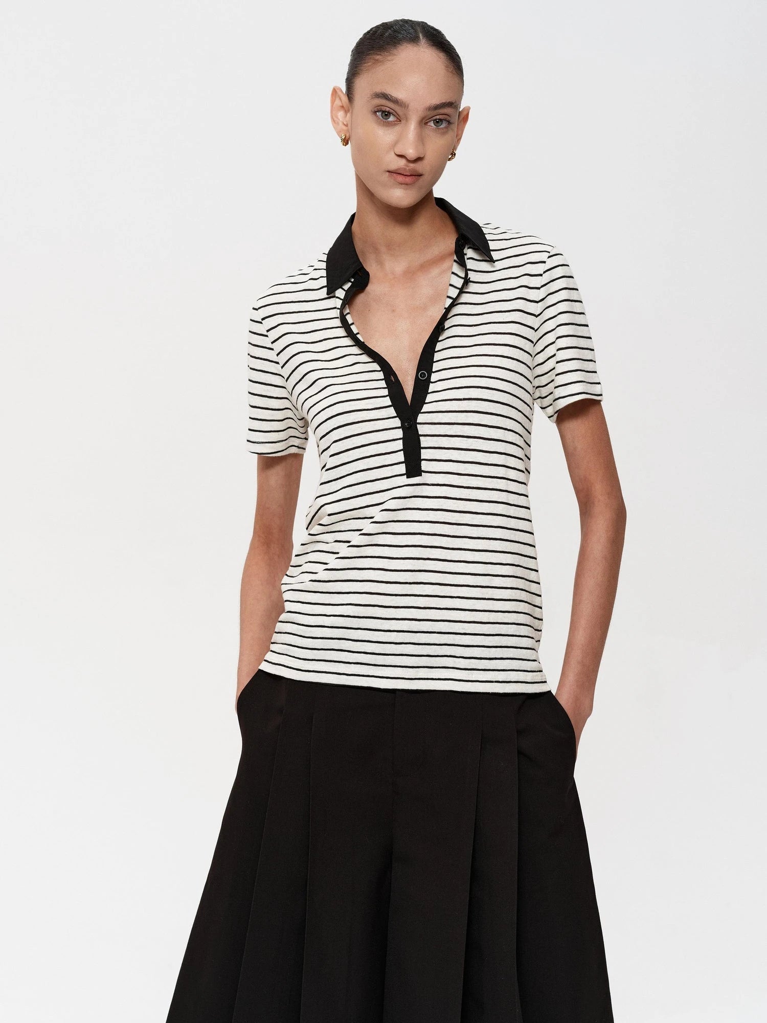 Classic Stripe Polo Collar Relaxed Fit Casual T-shirt