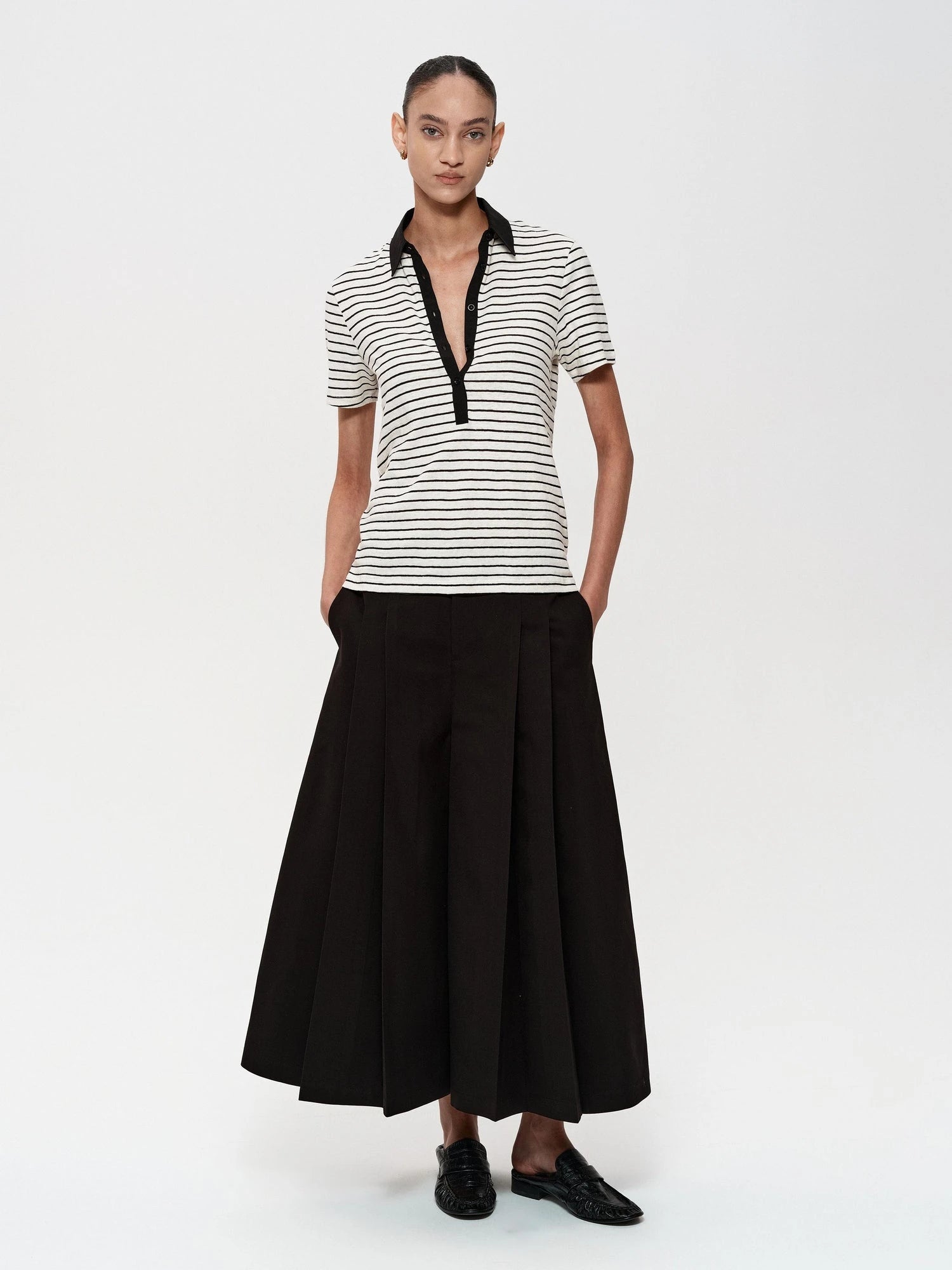 Classic Stripe Polo Collar Relaxed Fit Casual T-shirt