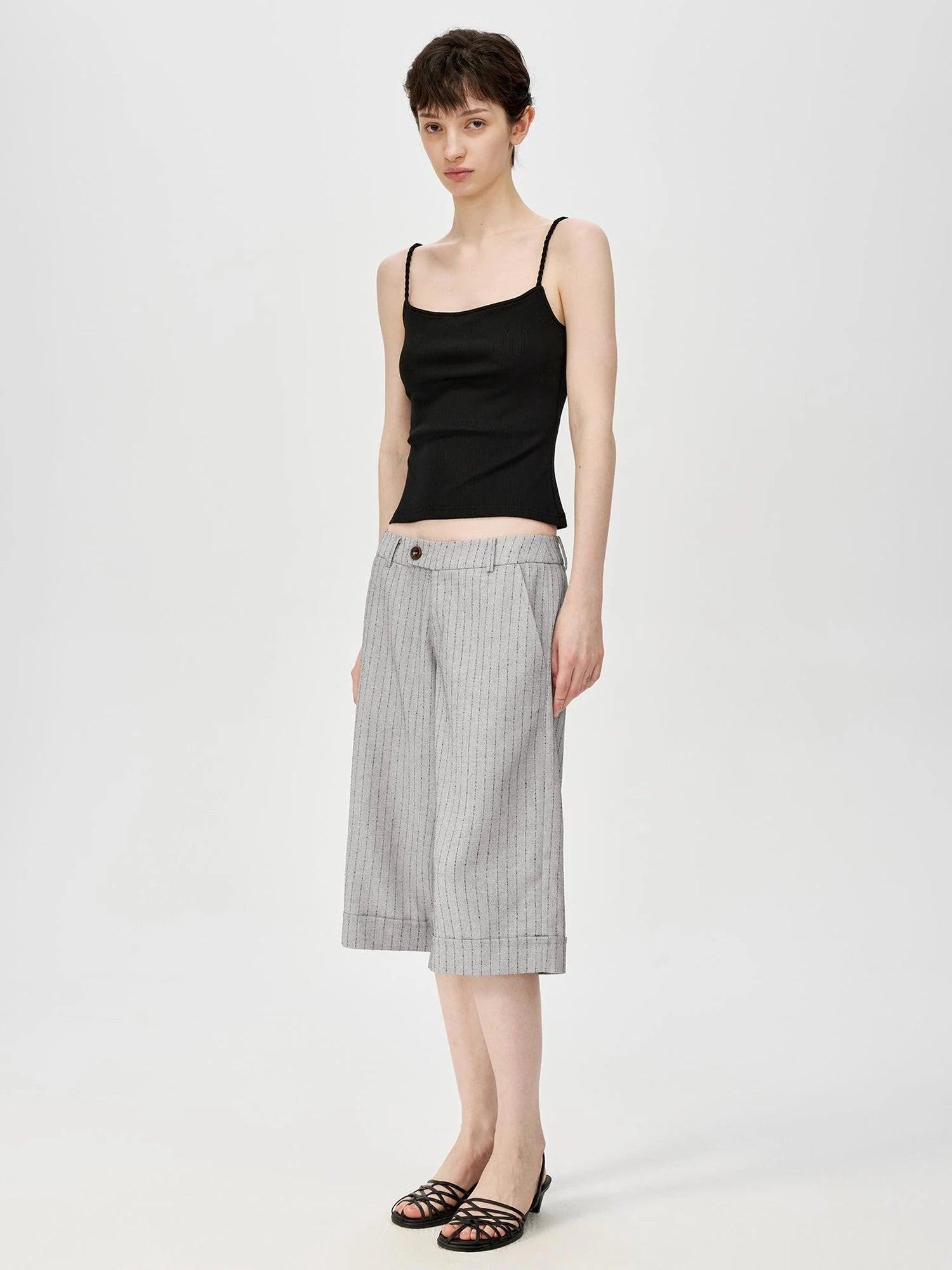 Classic Striped Cuffed Cropped Casual Trousers