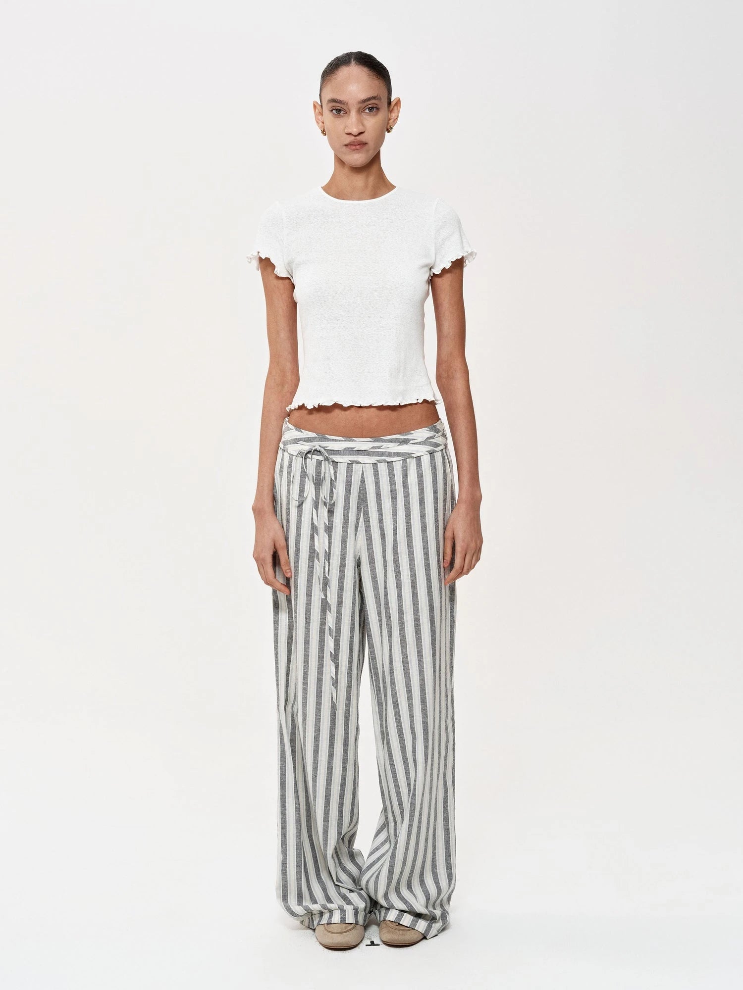 Classic Striped Hemp Tencel Drawstring Waist Resort Trousers