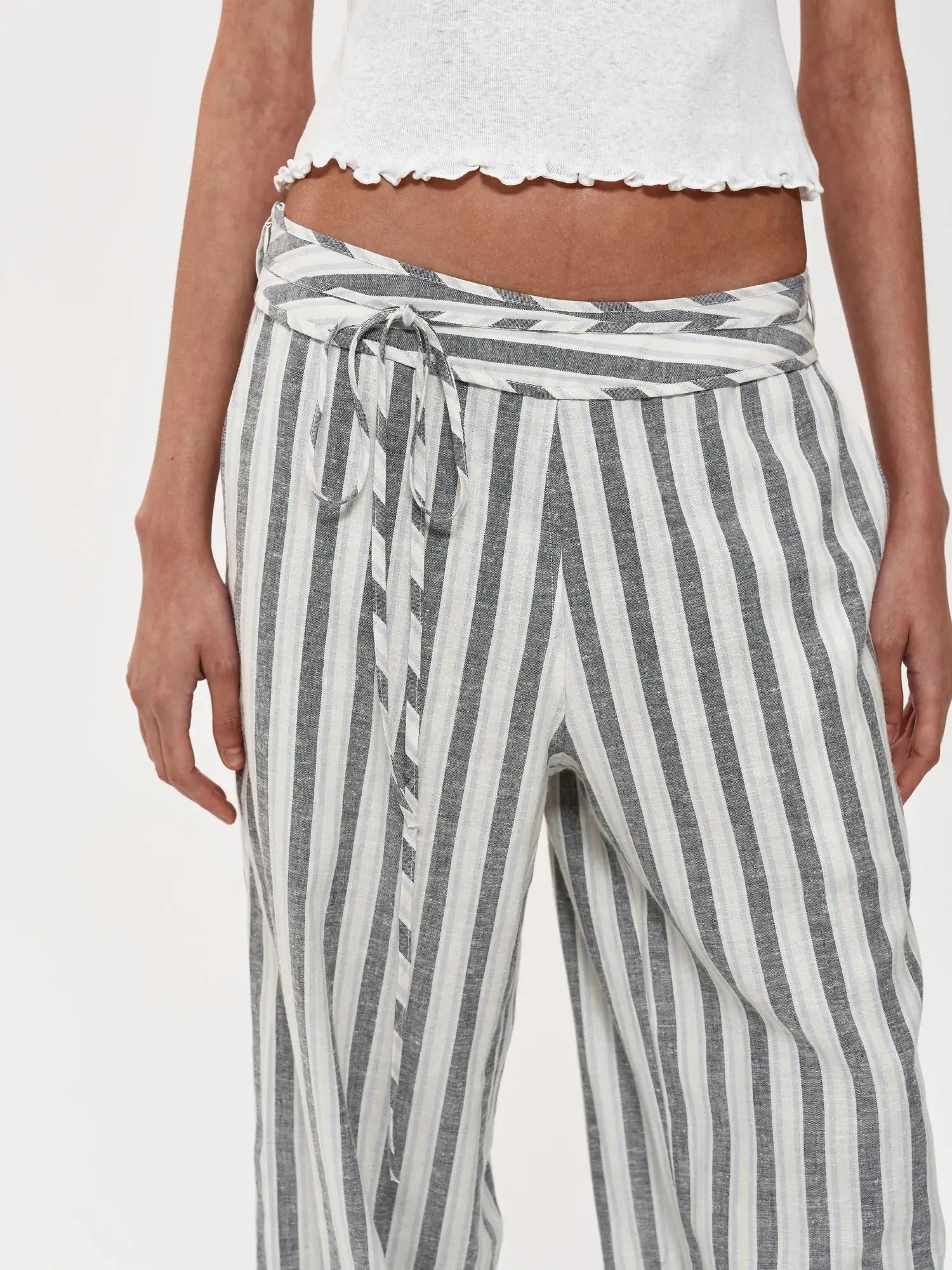 Classic Striped Hemp Tencel Drawstring Waist Resort Trousers