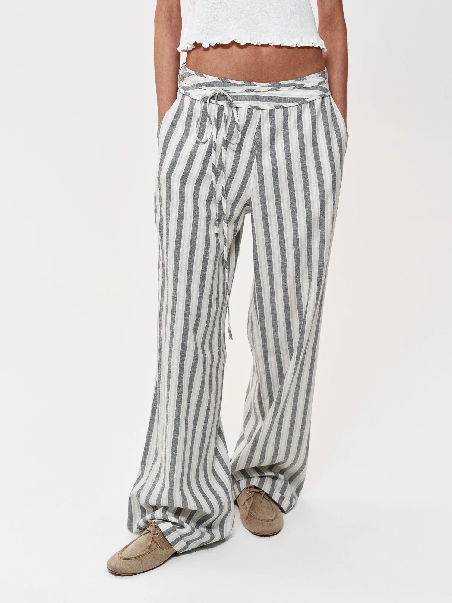 Classic Striped Hemp Tencel Drawstring Waist Resort Trousers