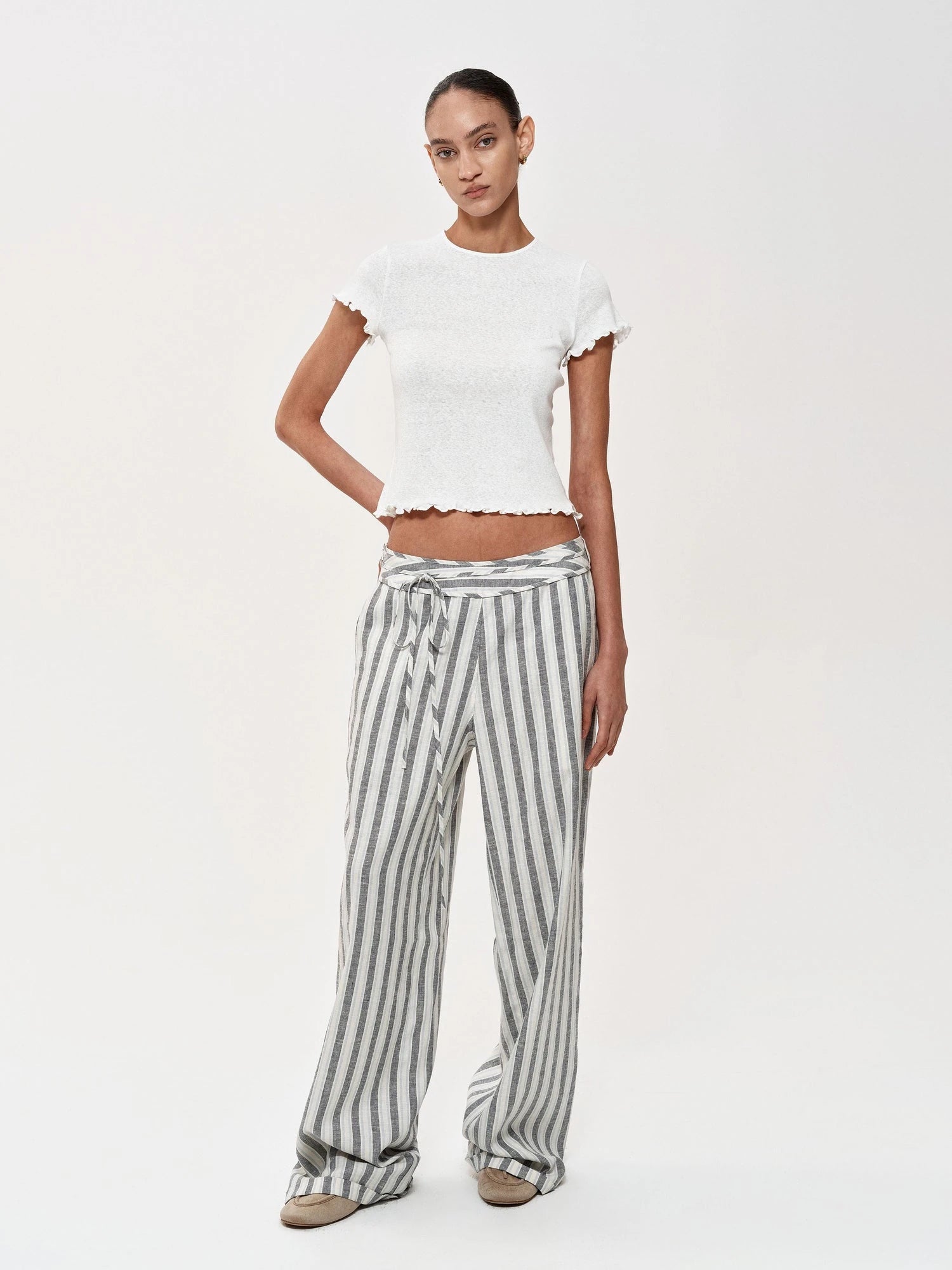 Classic Striped Hemp Tencel Drawstring Waist Resort Trousers