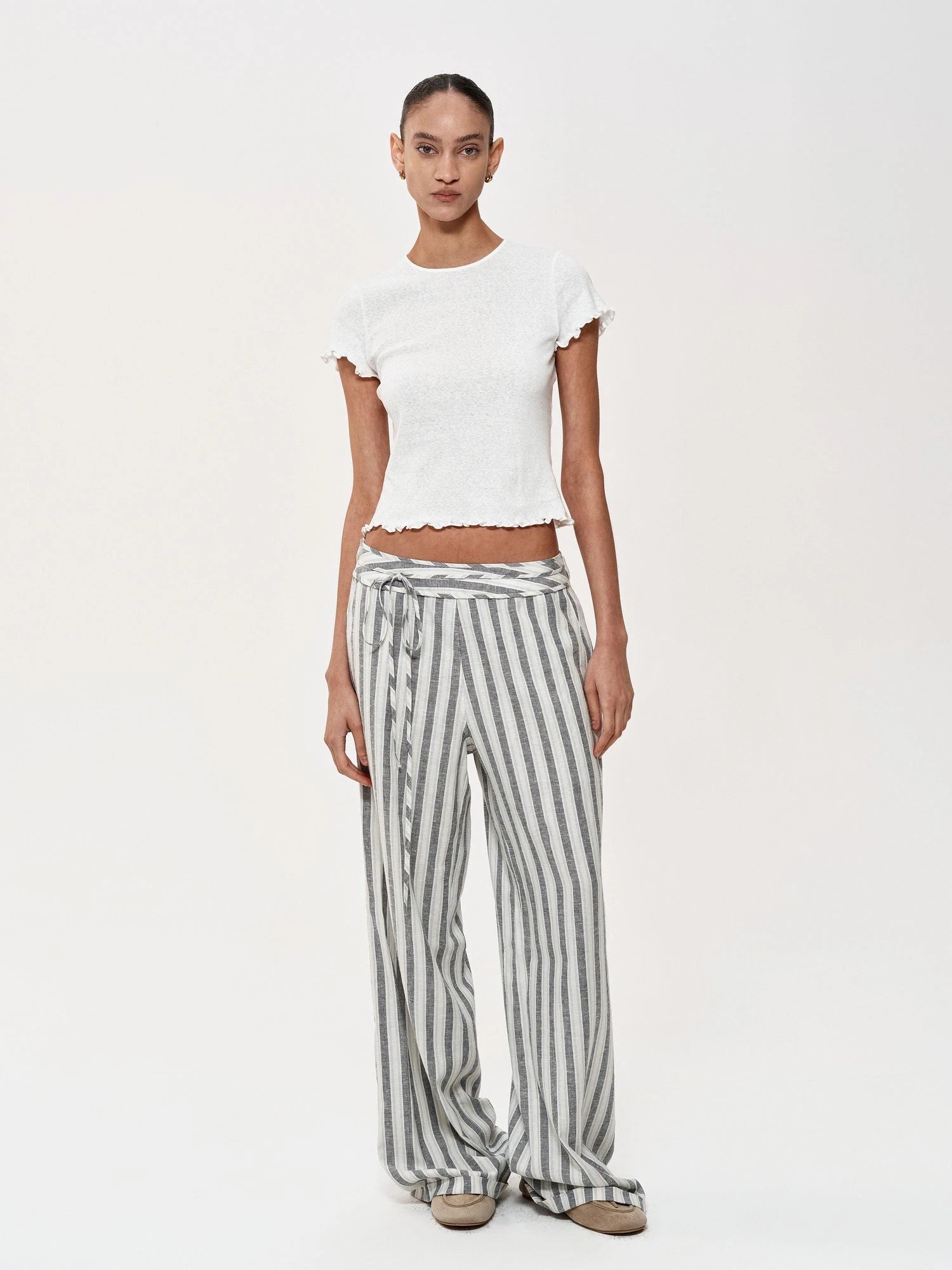 Classic Striped Hemp Tencel Drawstring Waist Resort Trousers