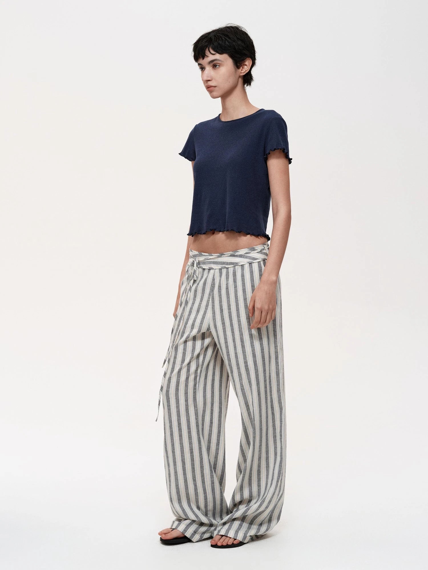 Classic Striped Hemp Tencel Drawstring Waist Resort Trousers