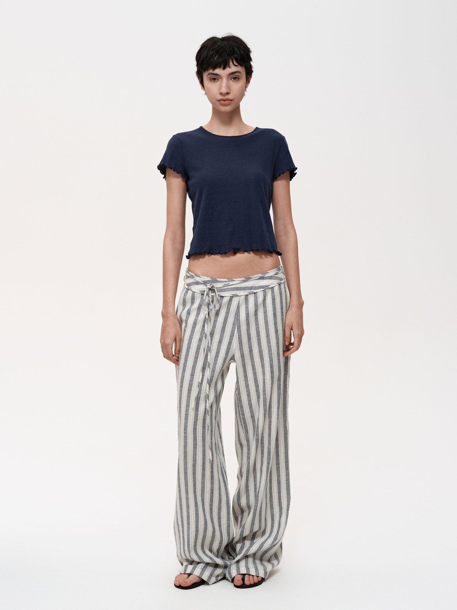 Northbutsouth Classic Striped Hemp Tencel Drawstring Waist Resort Trousers