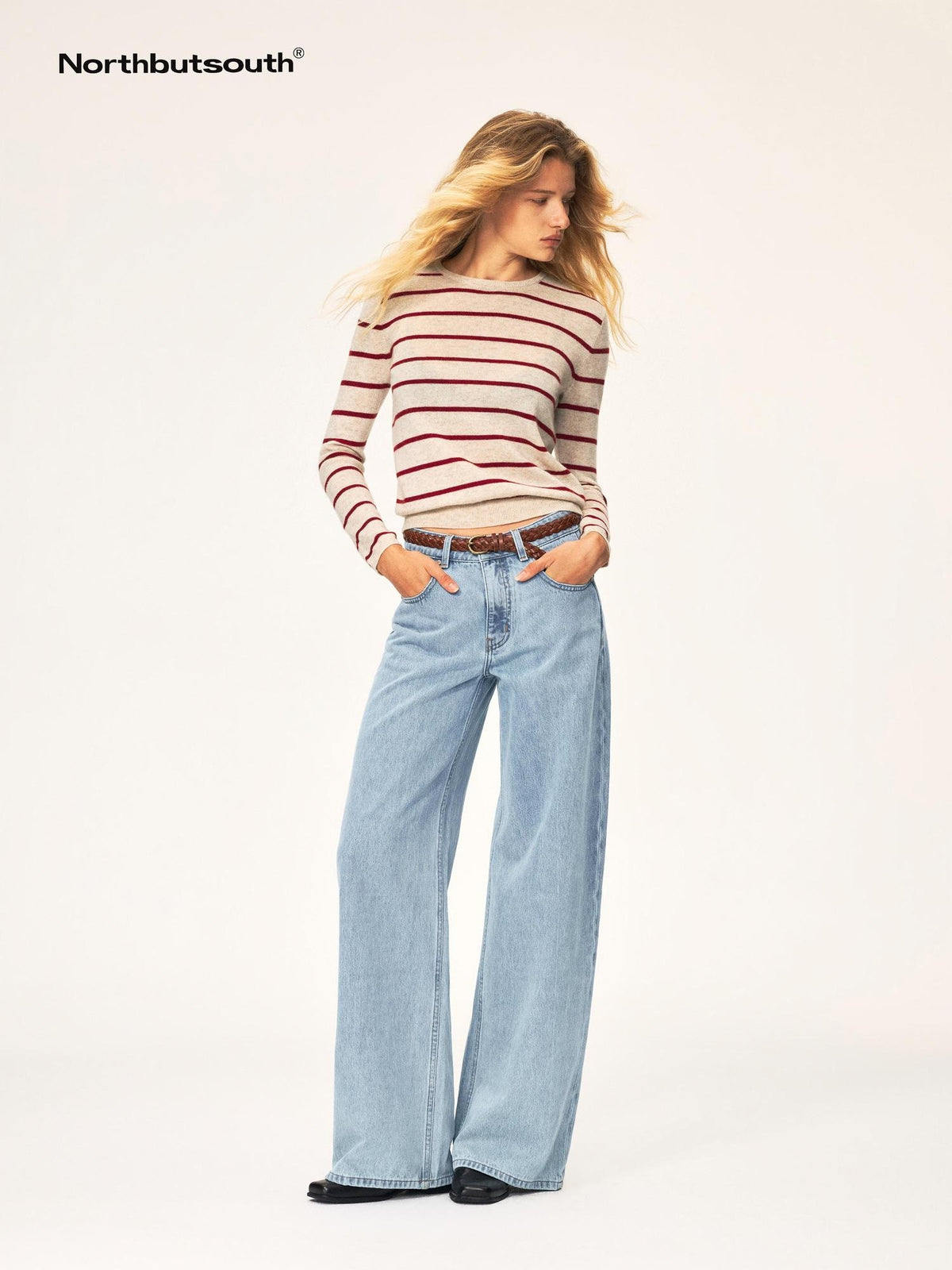Northbutsouth Color Block Striped Crewneck Wool Cashmere Women&